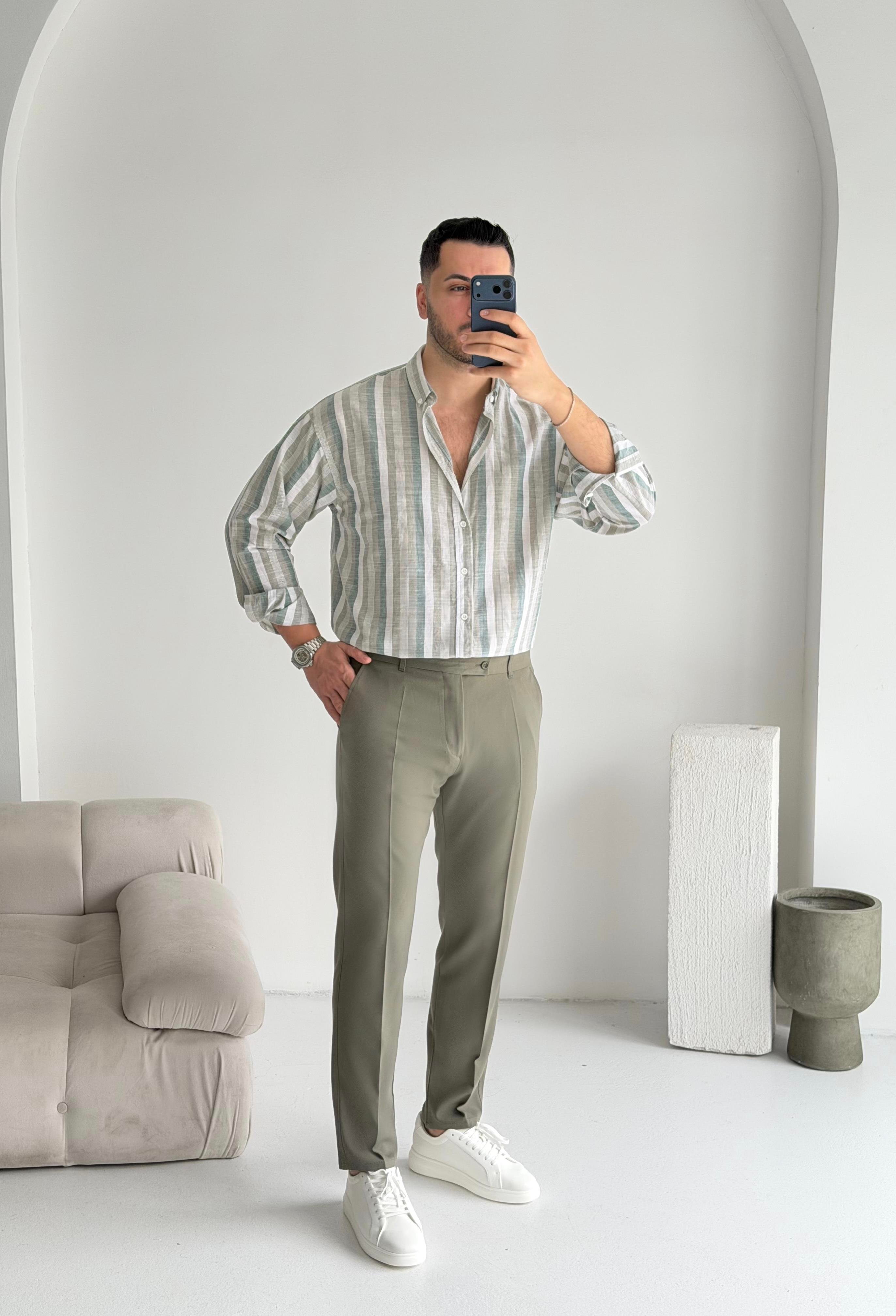 Noir Haki Çizgili Oversize Keten Gömlek 