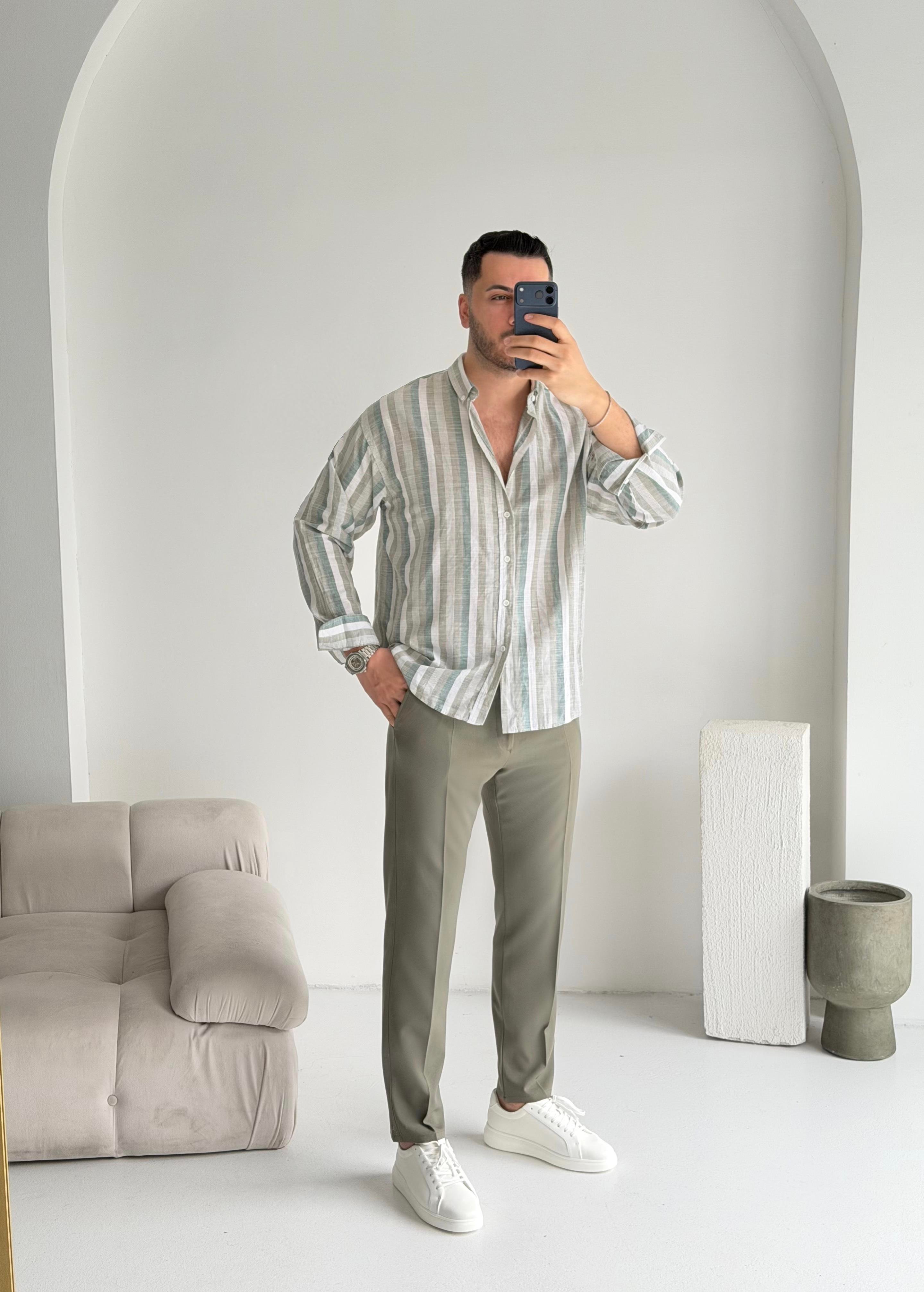 Noir Haki Çizgili Oversize Keten Gömlek 