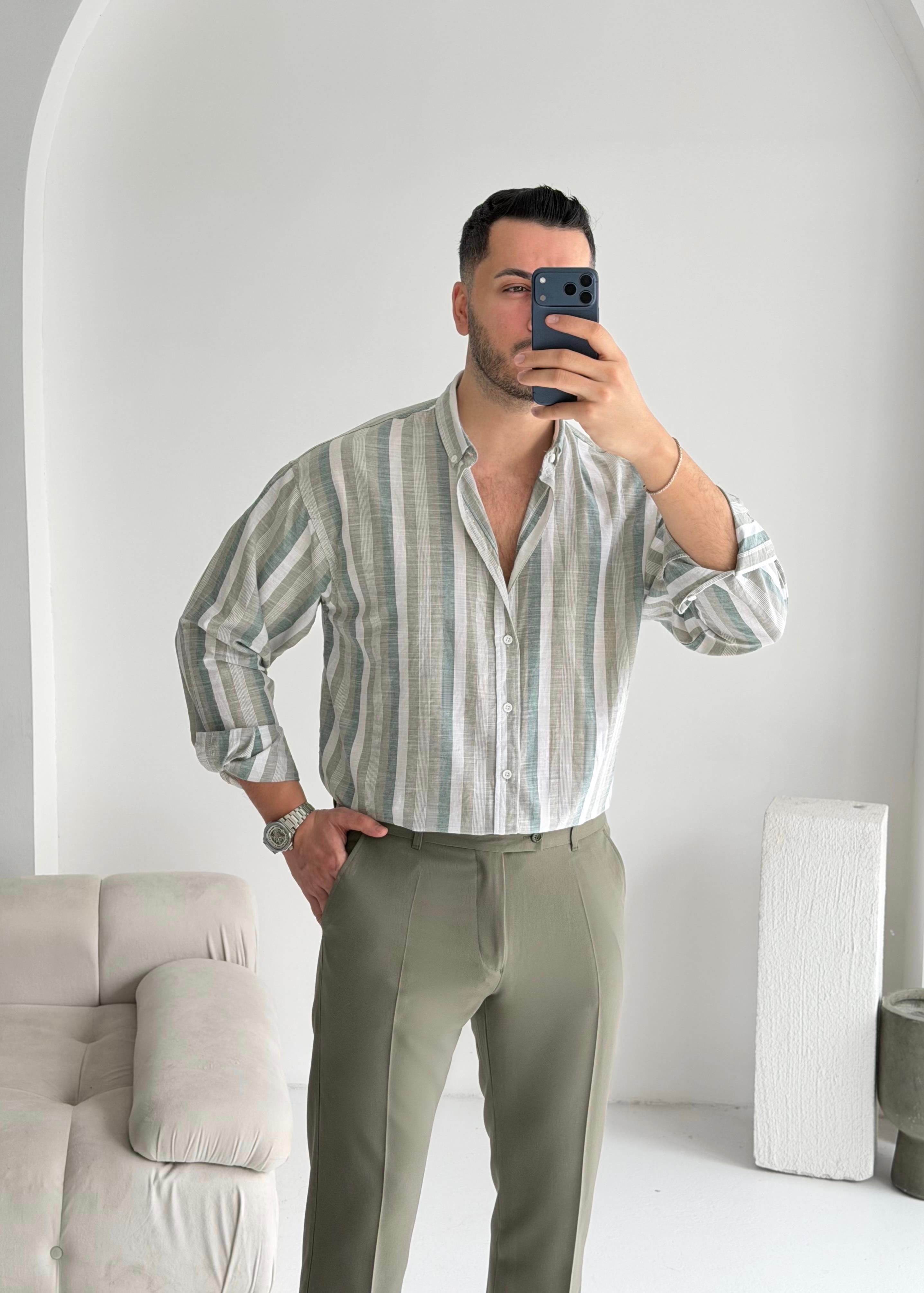 Noir Haki Çizgili Oversize Keten Gömlek 