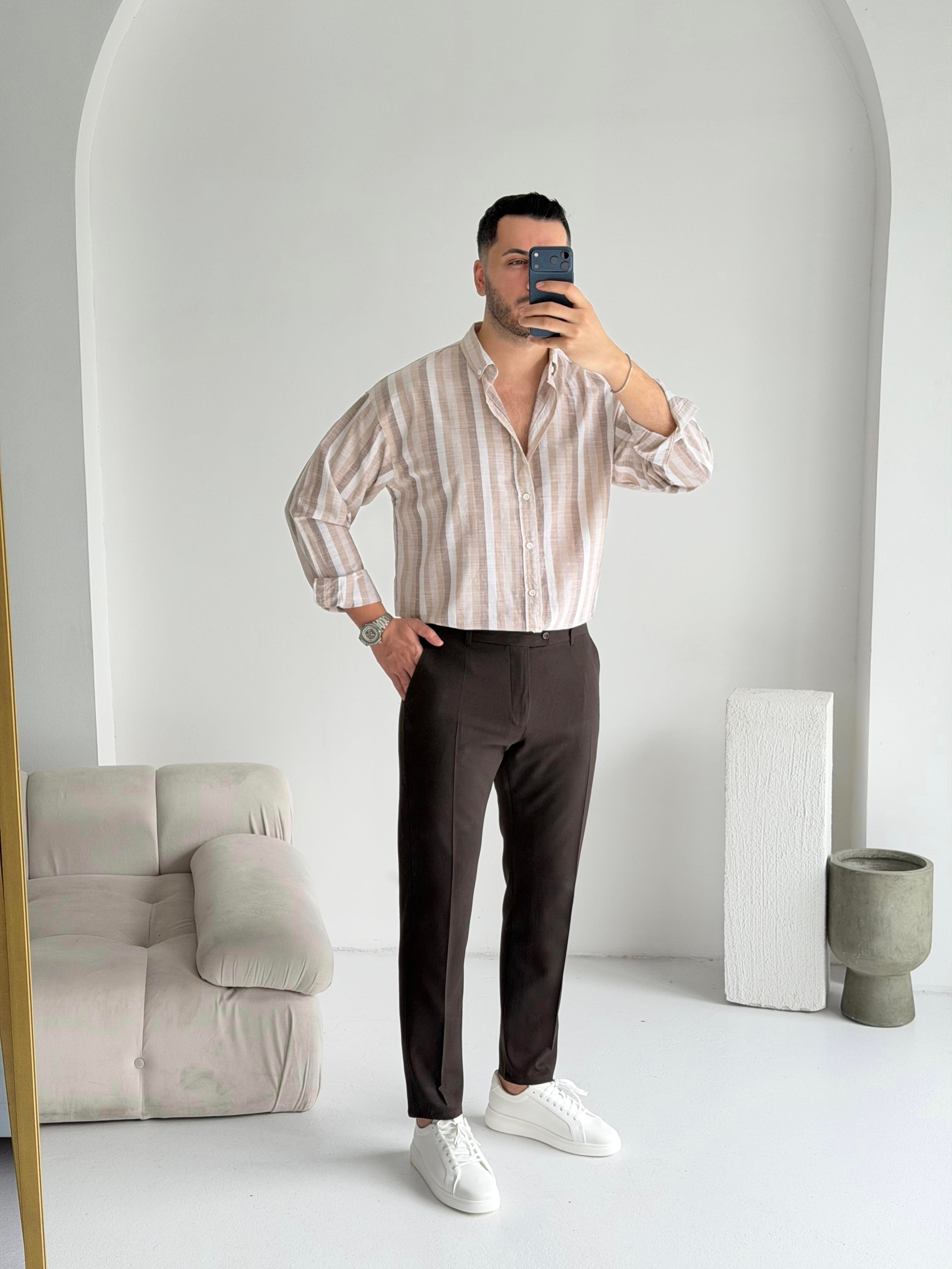 Noir Kahve Çizgili Oversize Keten Gömlek