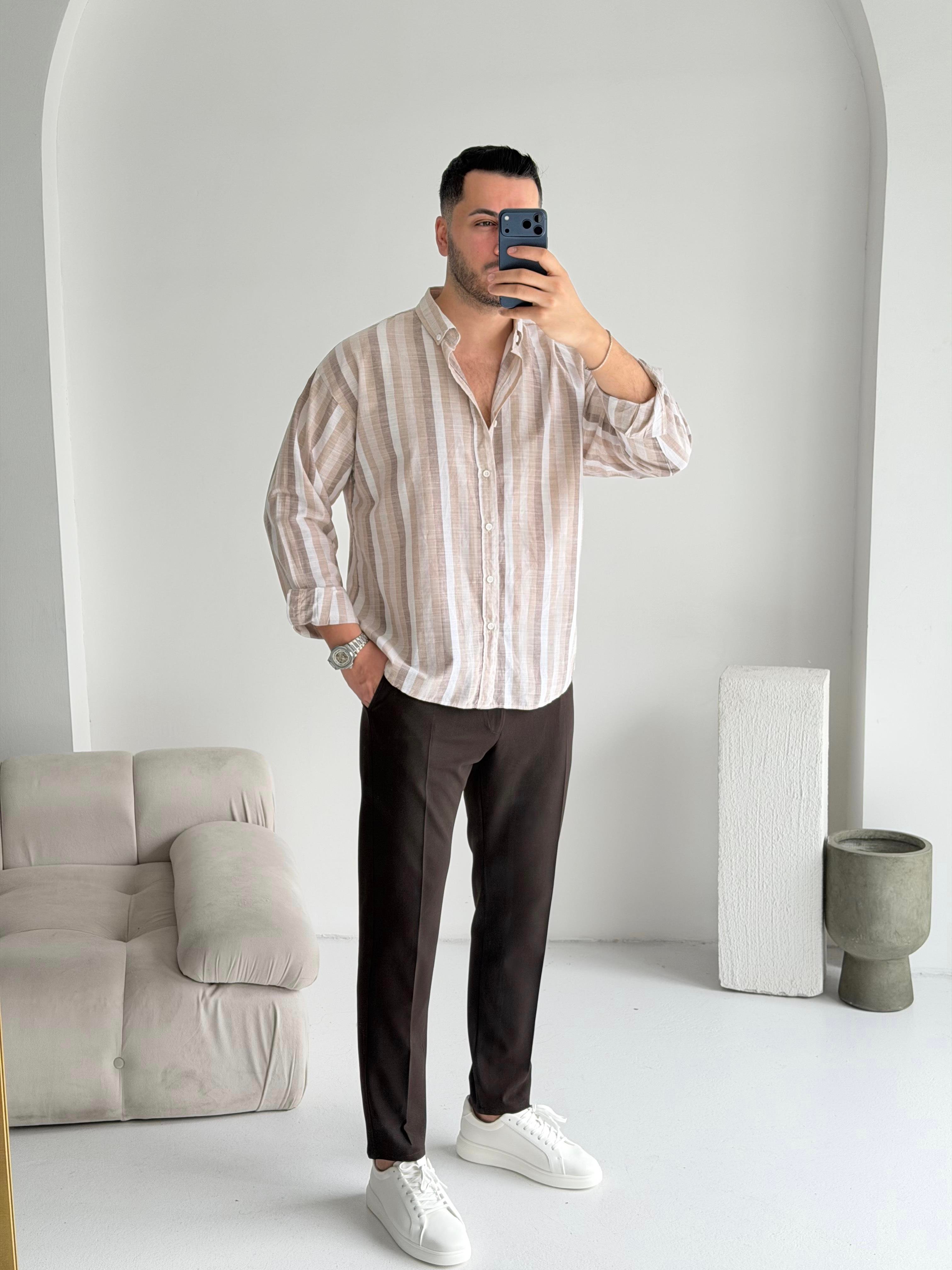 Noir Kahve Çizgili Oversize Keten Gömlek