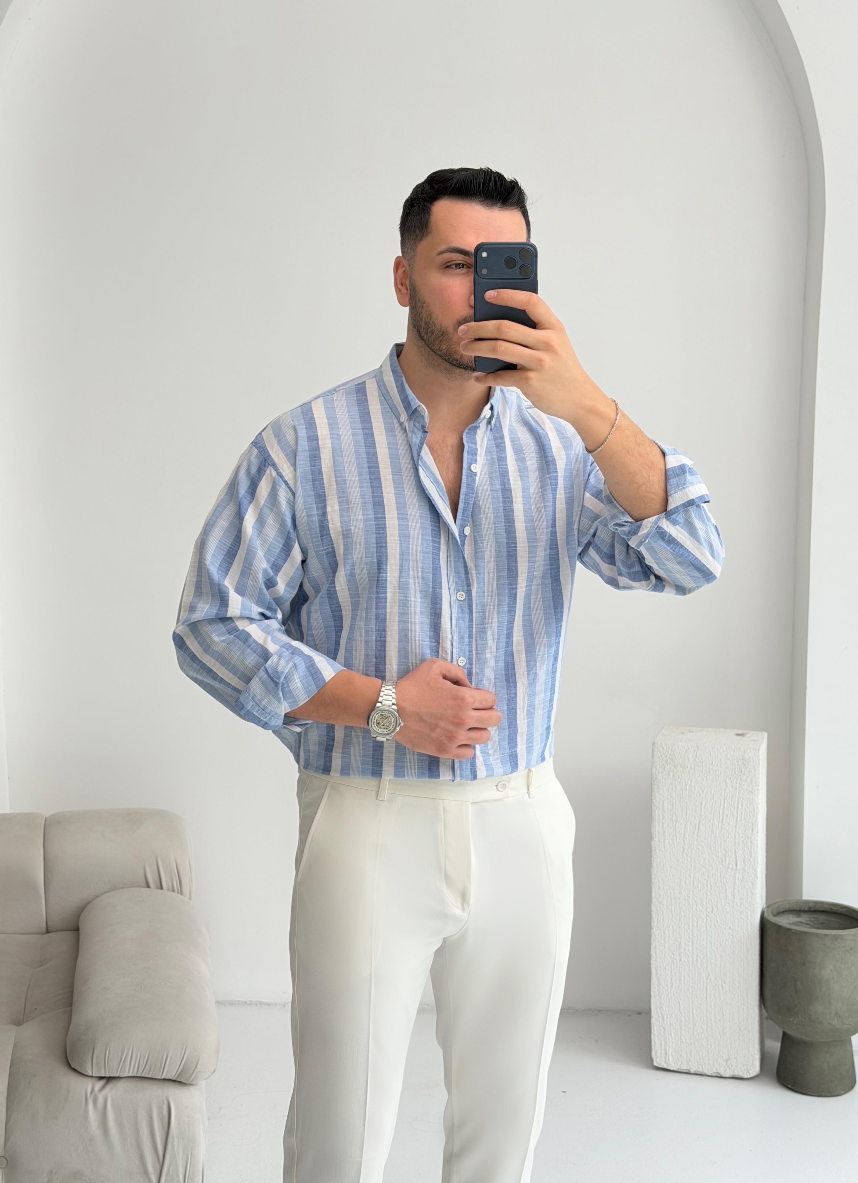 Noir Mavi Çizgili Oversize Keten Gömlek 