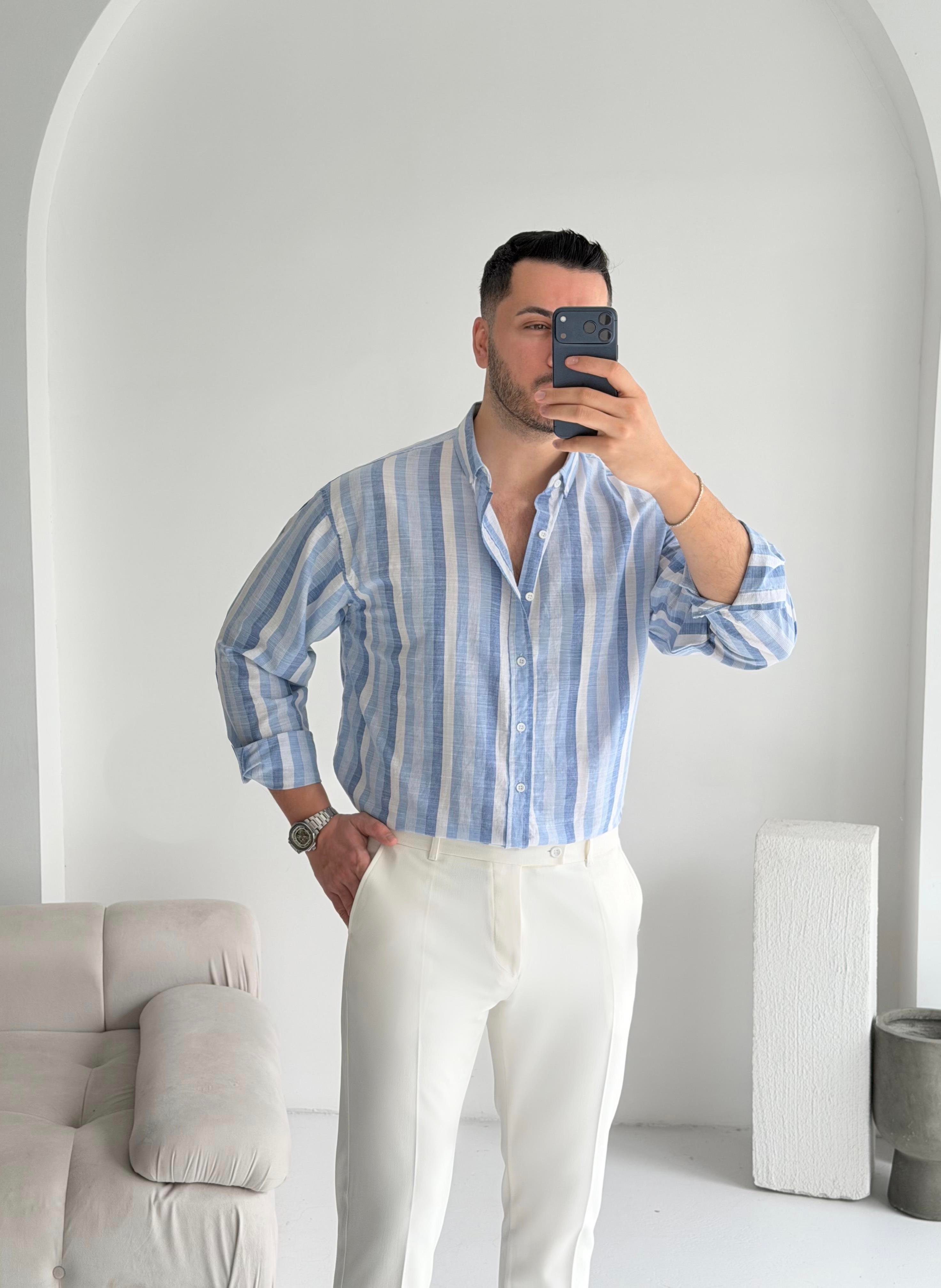 Noir Mavi Çizgili Oversize Keten Gömlek 