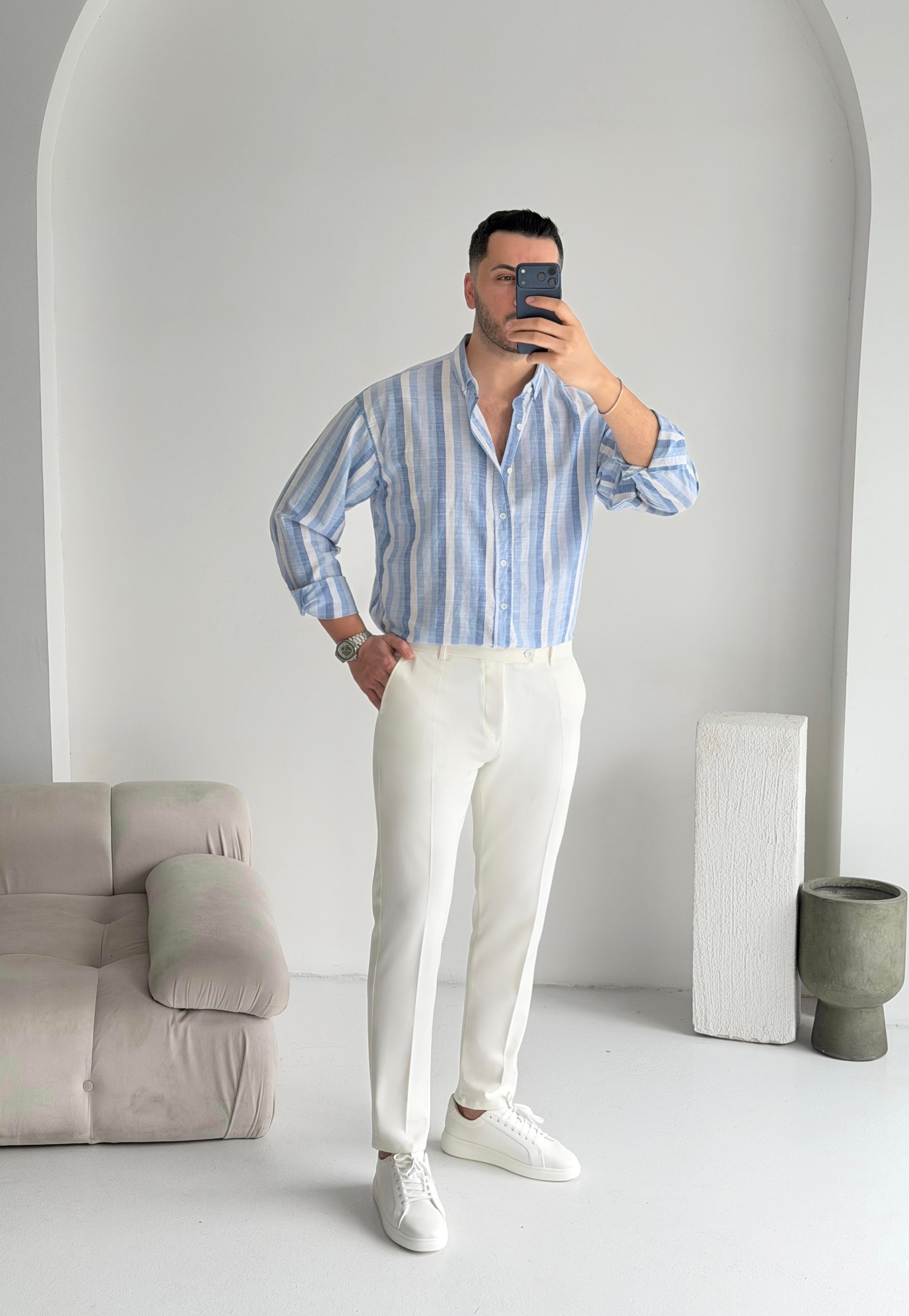 Noir Mavi Çizgili Oversize Keten Gömlek 