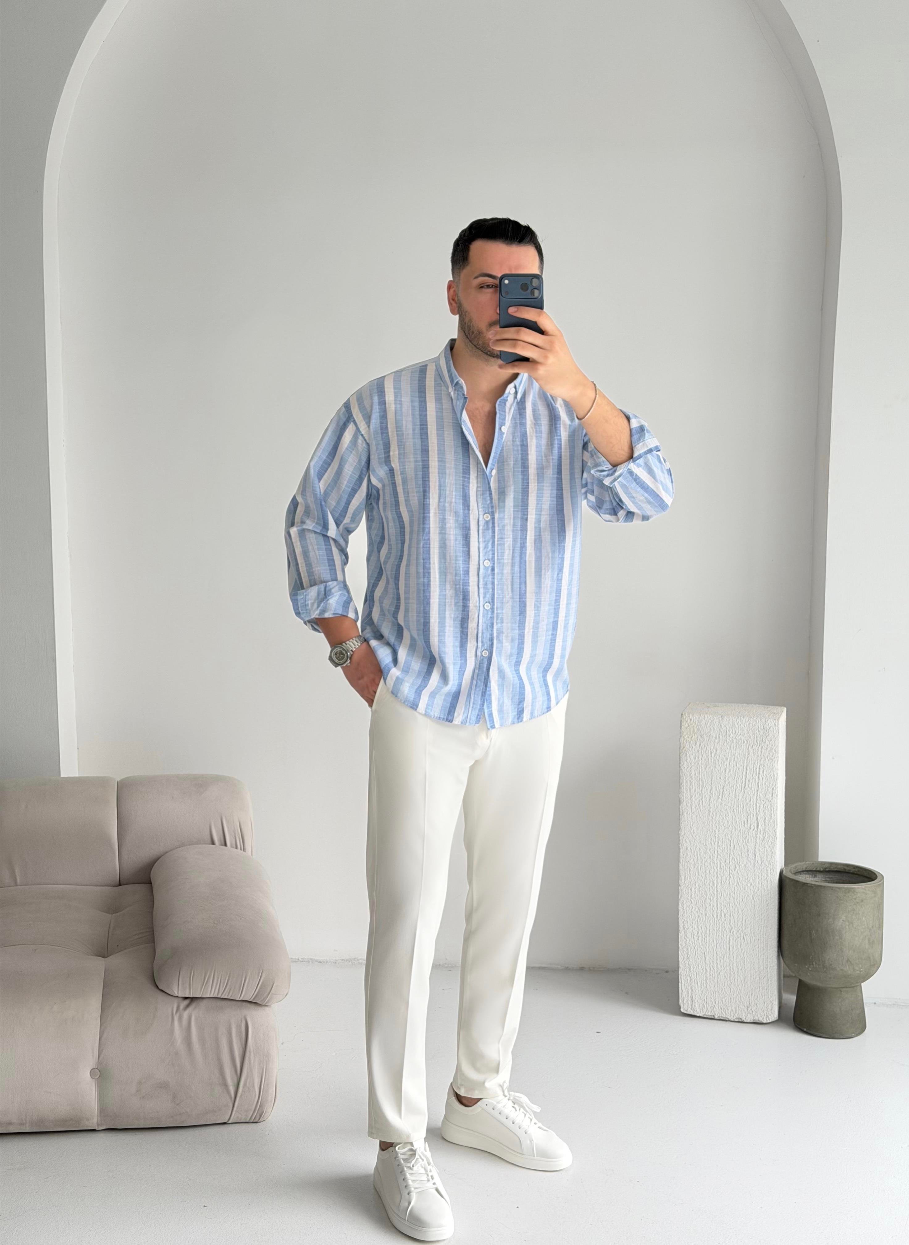 Noir Mavi Çizgili Oversize Keten Gömlek 