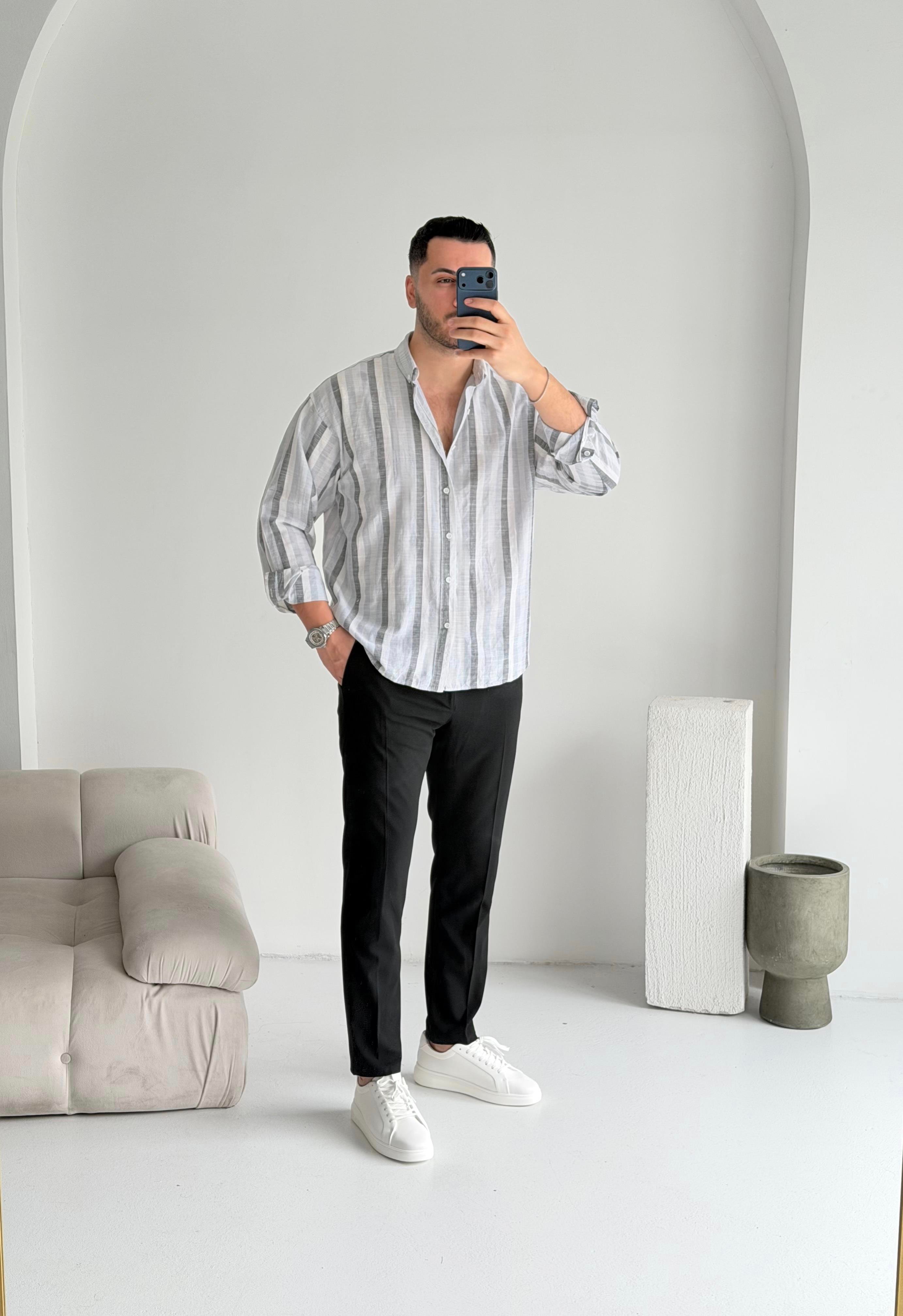Noir Siyah Çizgili Oversize Keten Gömlek 