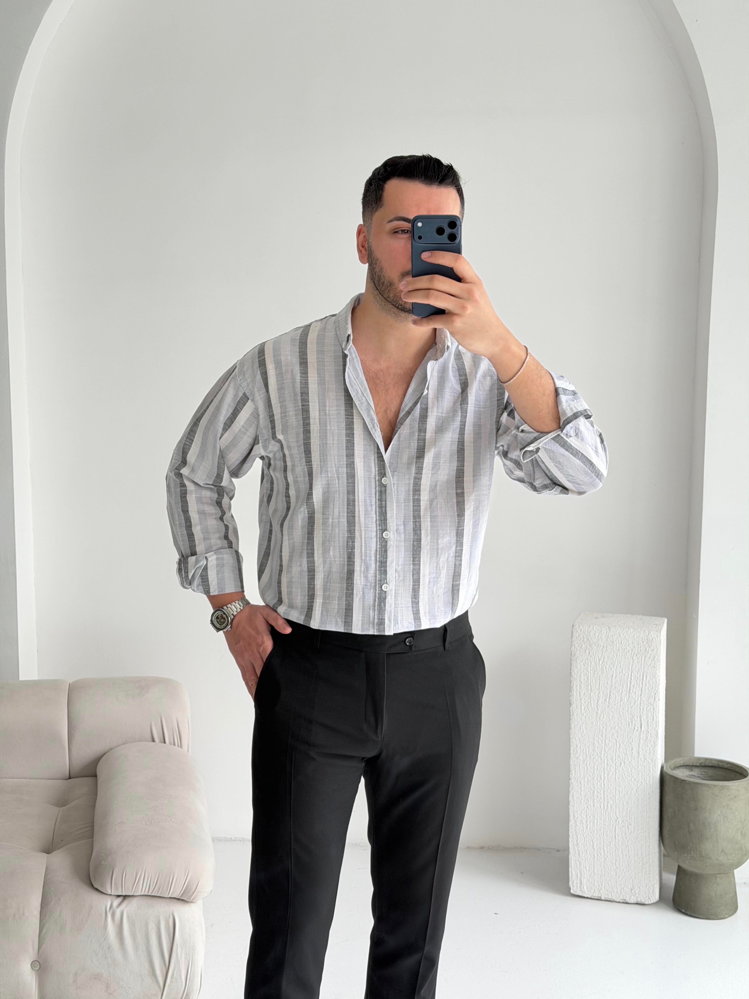 Noir Siyah Çizgili Oversize Keten Gömlek 