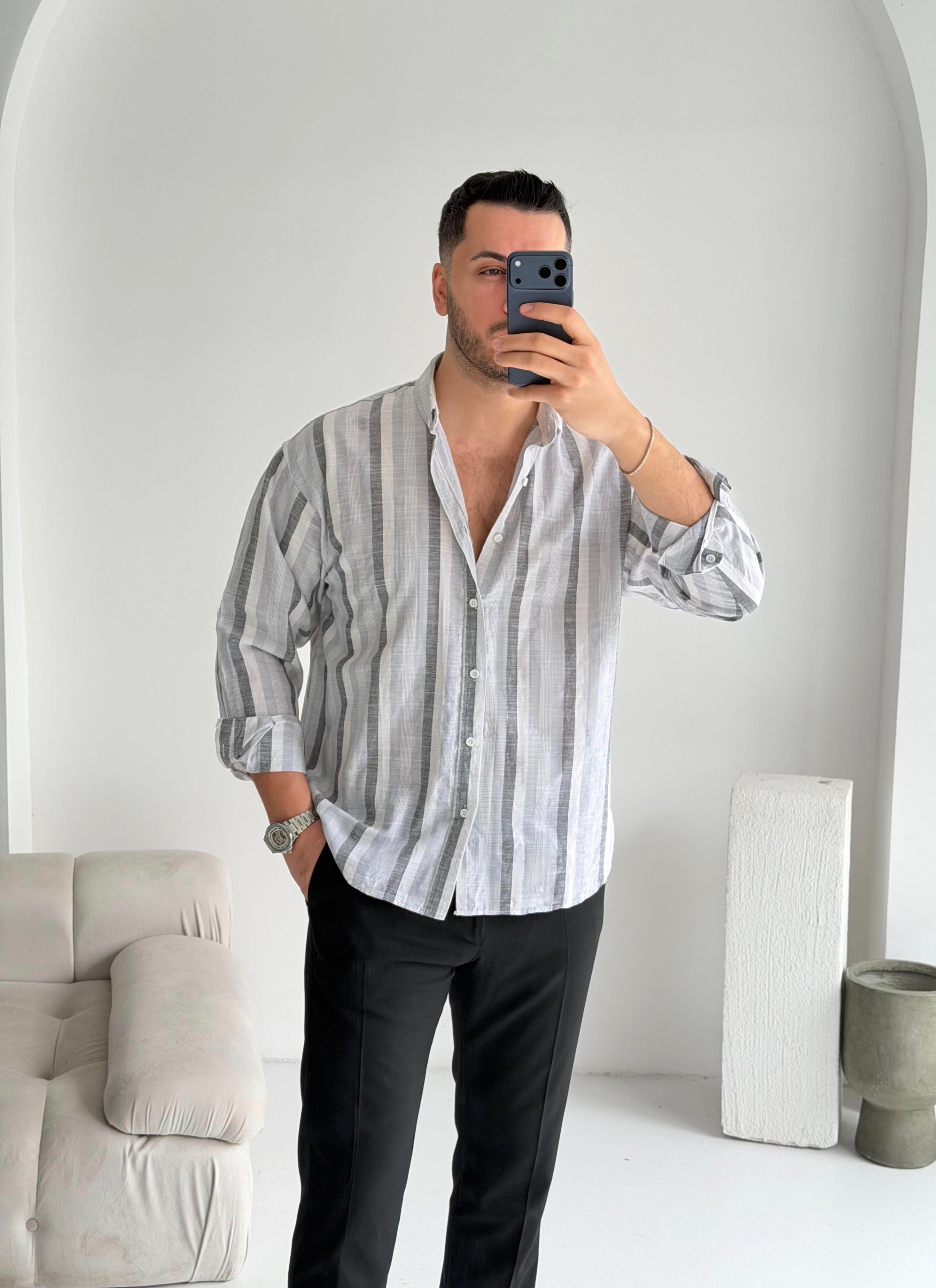 Noir Siyah Çizgili Oversize Keten Gömlek 