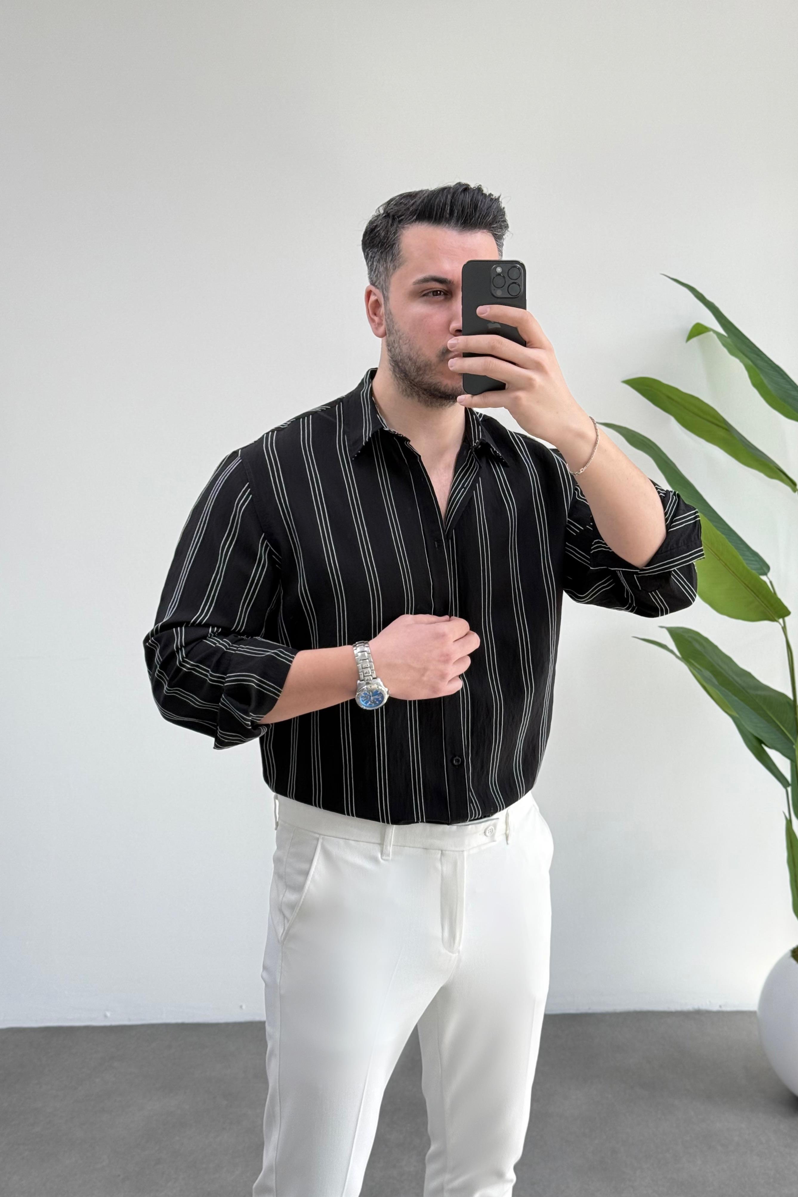 Olio Siyah Çizgili Oversize Keten Gömlek 
