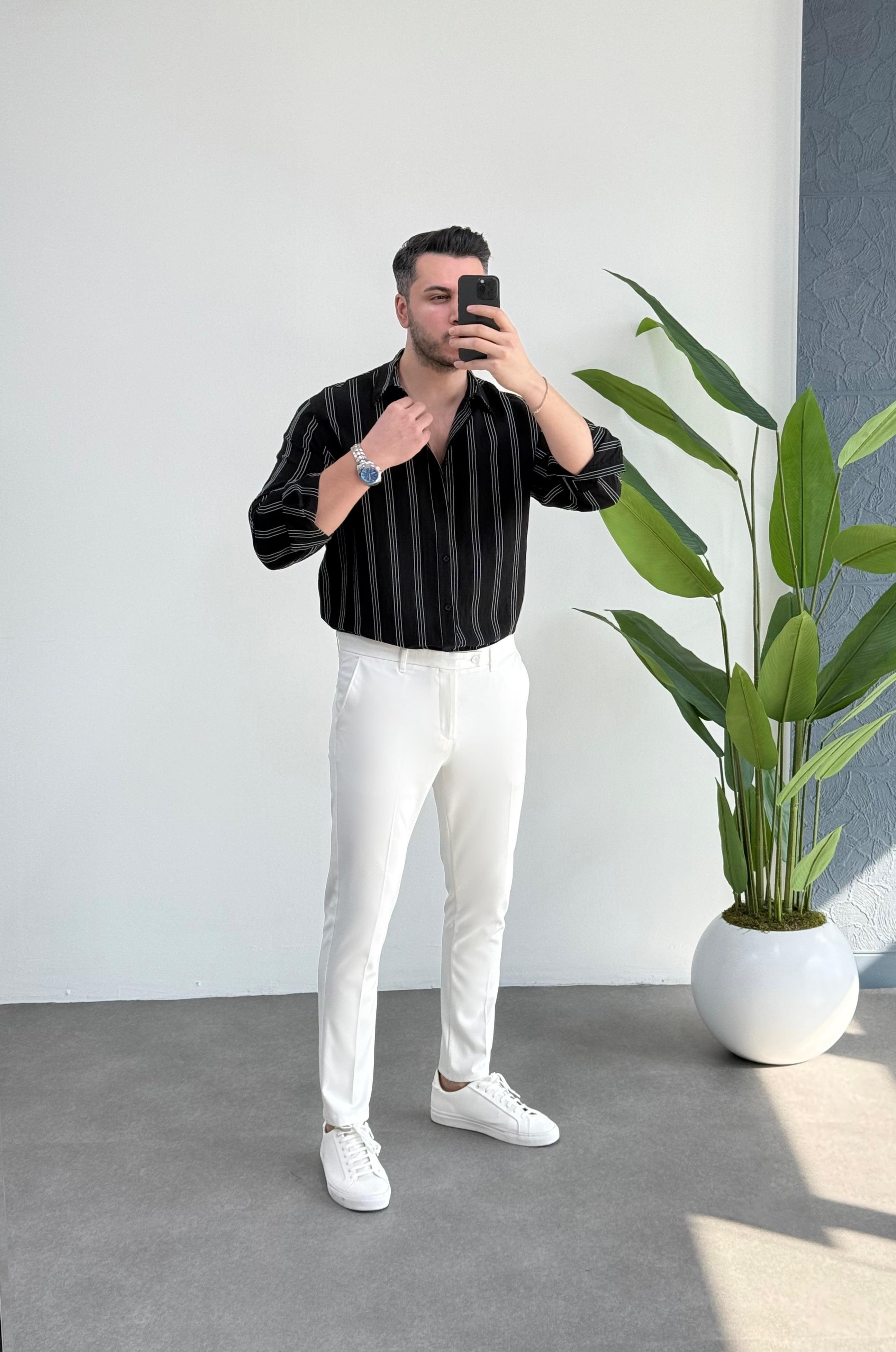 Olio Siyah Çizgili Oversize Keten Gömlek 