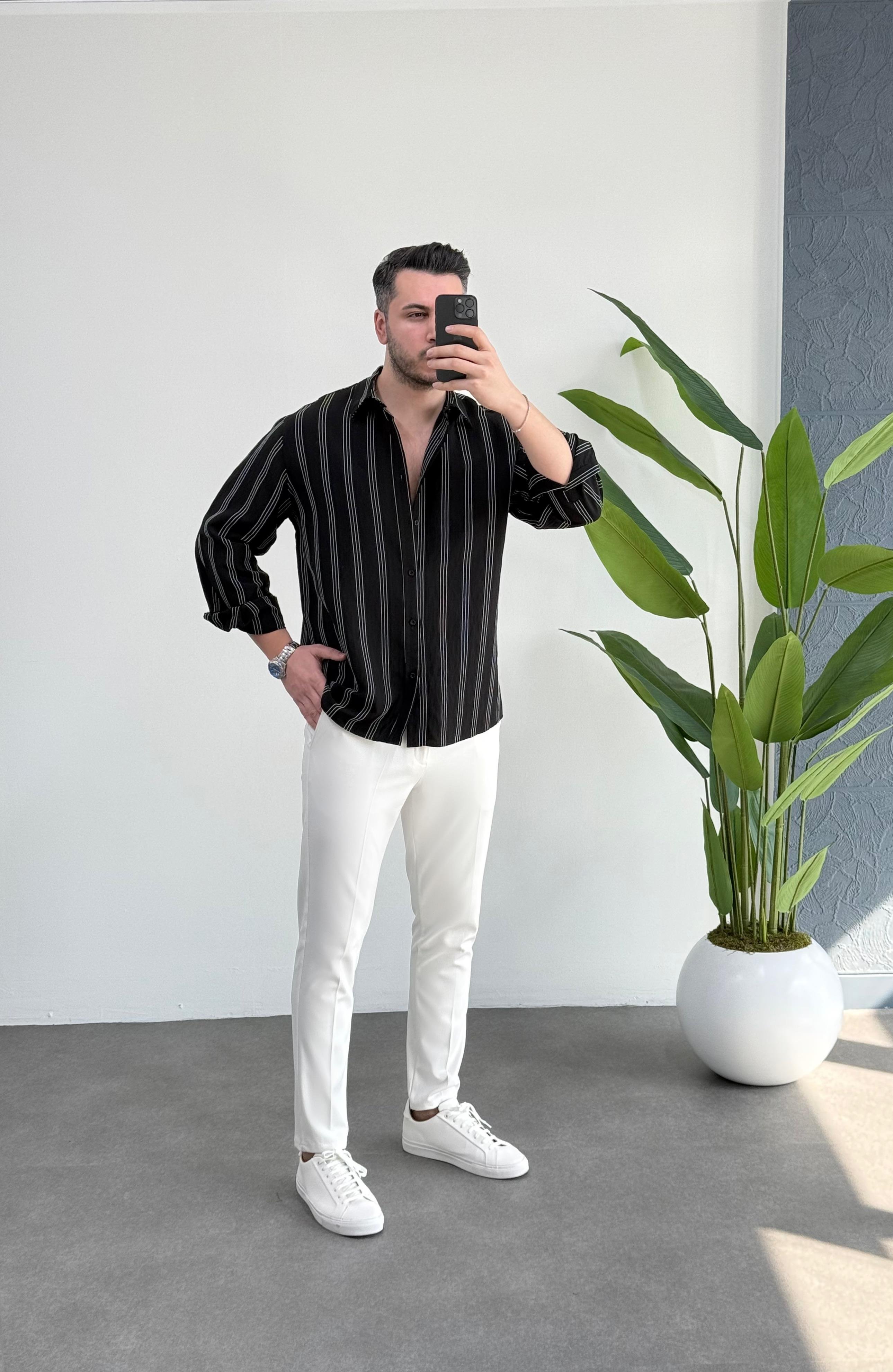 Olio Siyah Çizgili Oversize Keten Gömlek 