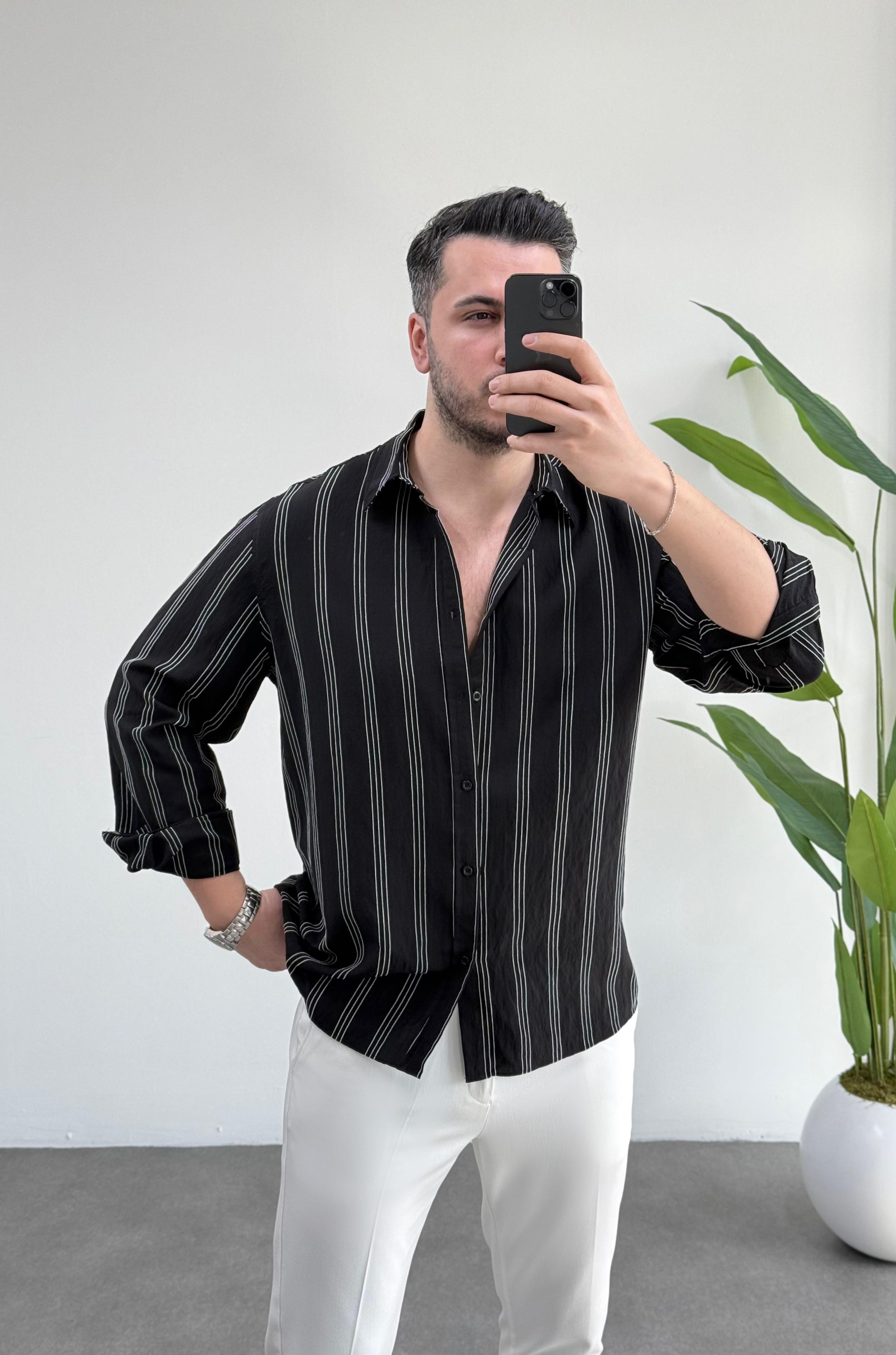 Olio Siyah Çizgili Oversize Keten Gömlek 