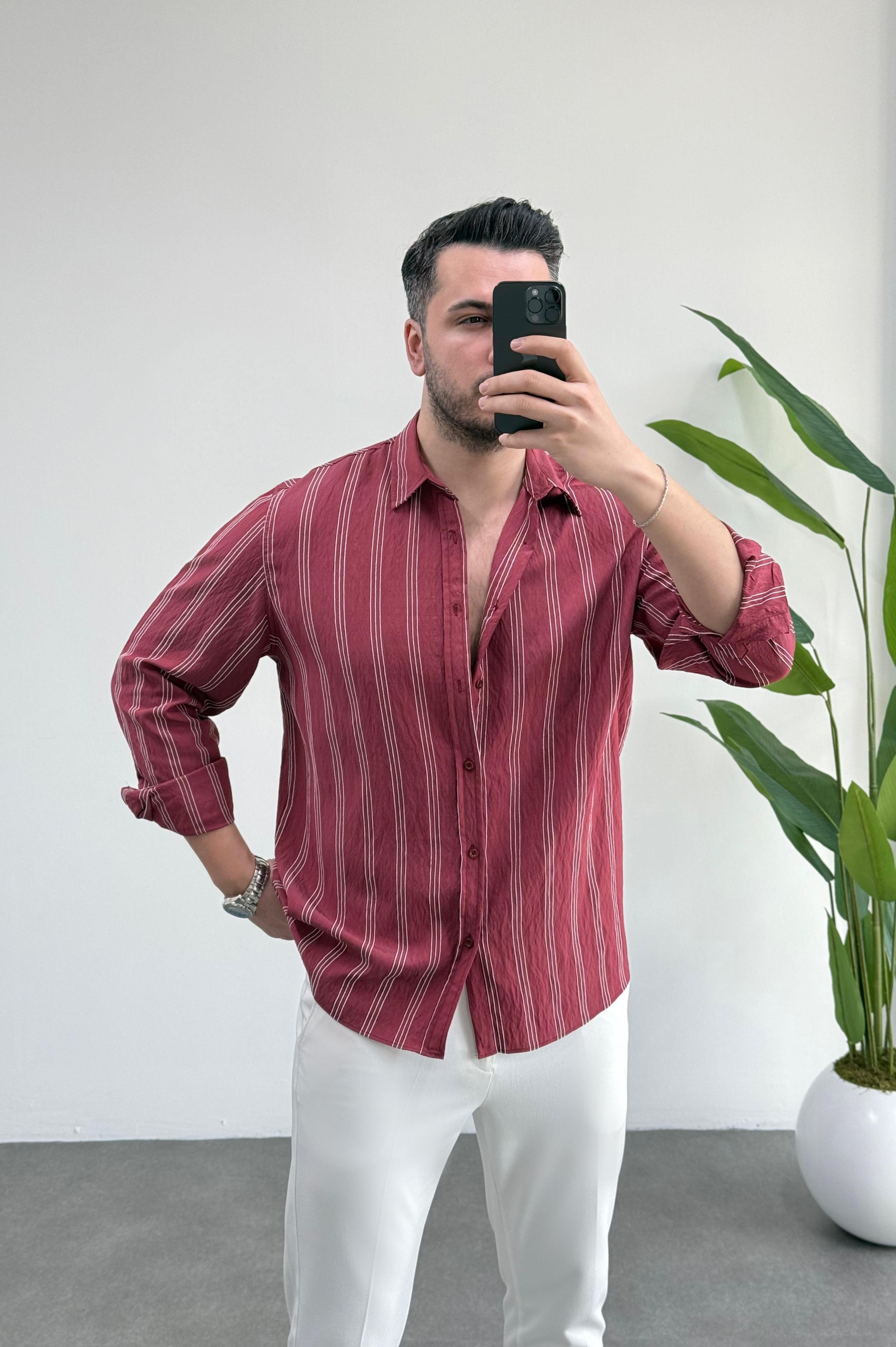 Olio Vişne Çizgili Oversize Keten Gömlek 