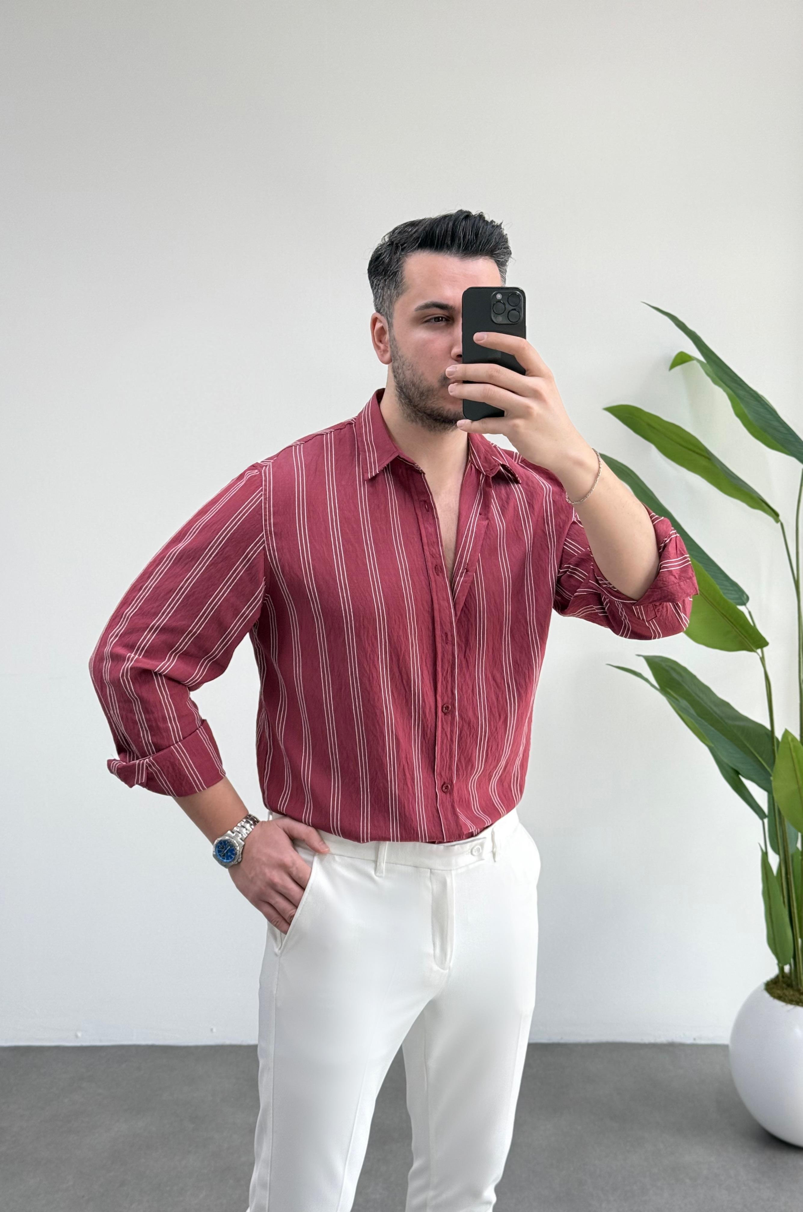 Olio Vişne Çizgili Oversize Keten Gömlek 
