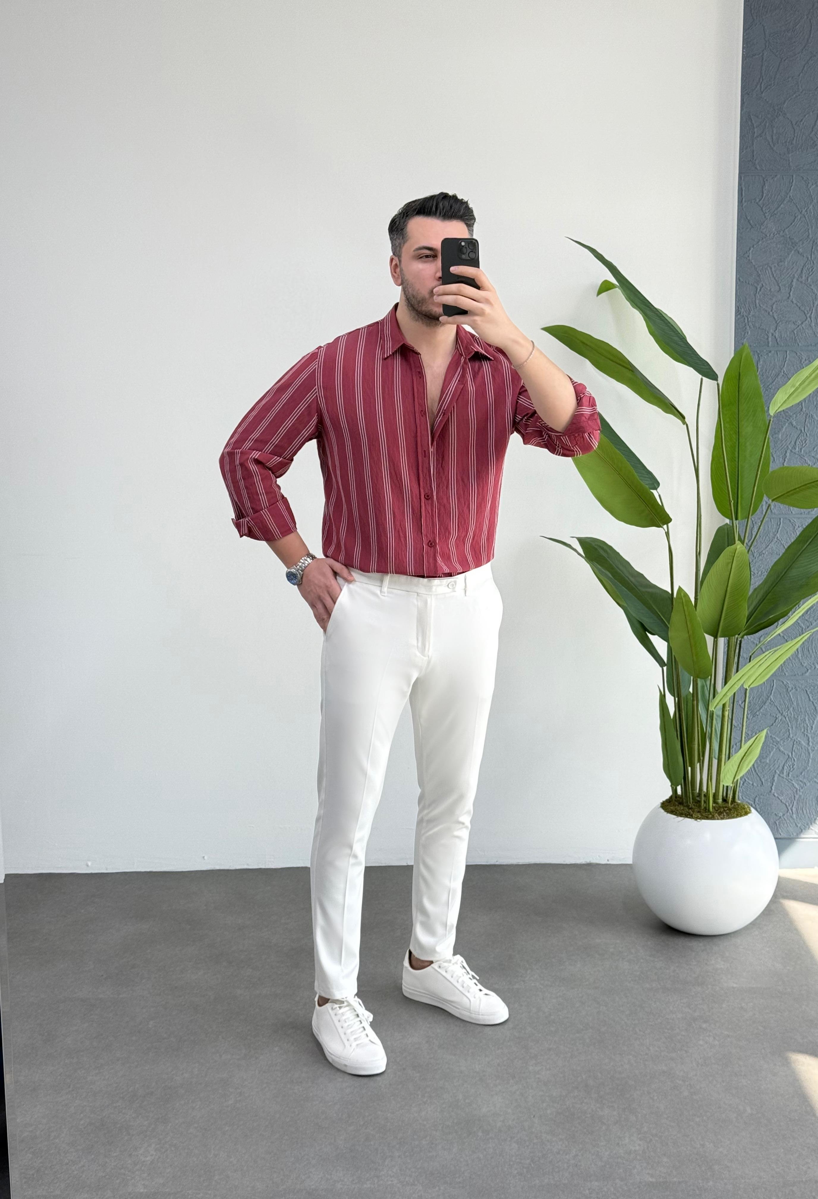 Olio Vişne Çizgili Oversize Keten Gömlek 
