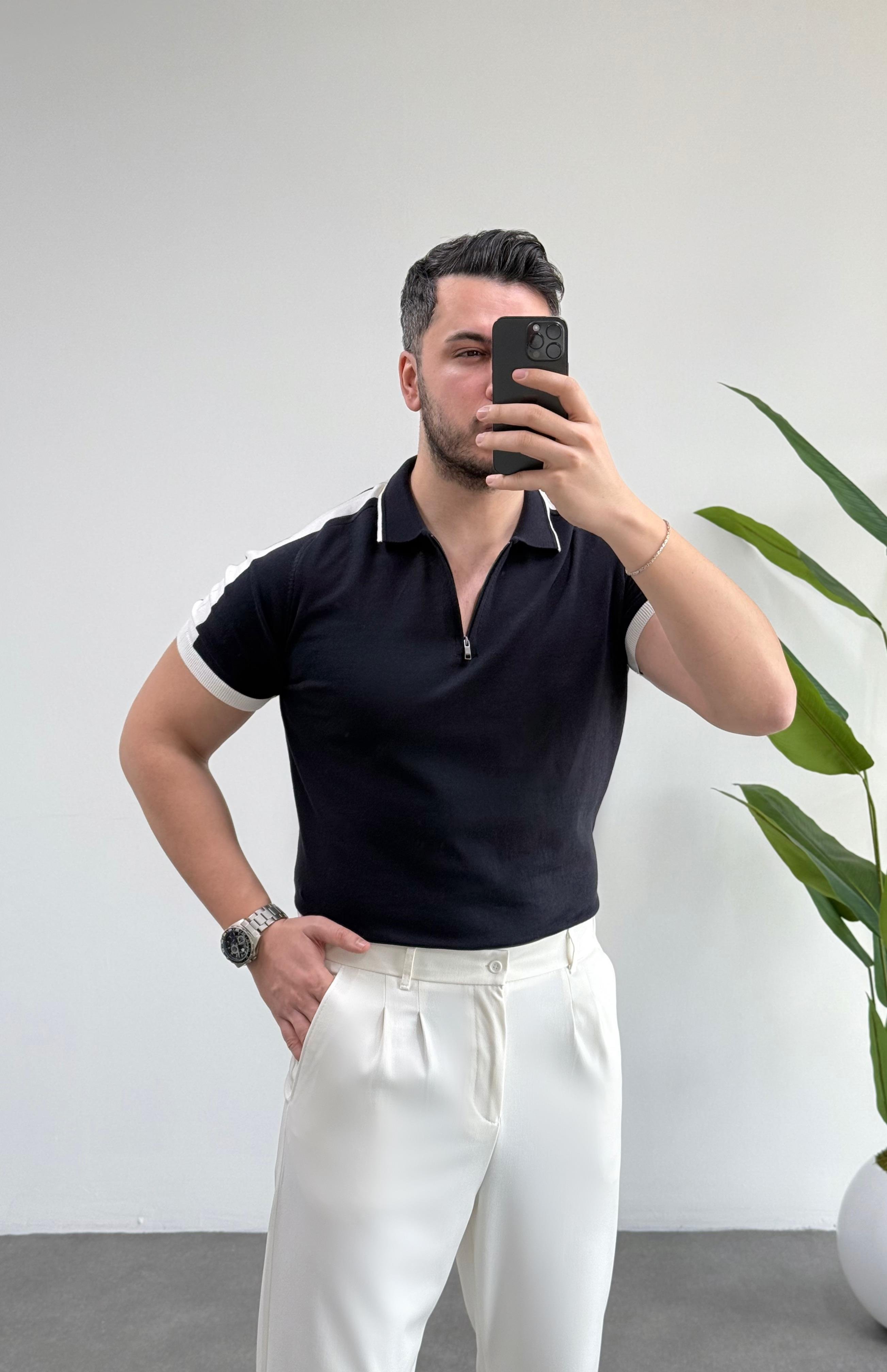 Omuz Detay Fermuarlı Siyah Örme Tişört 