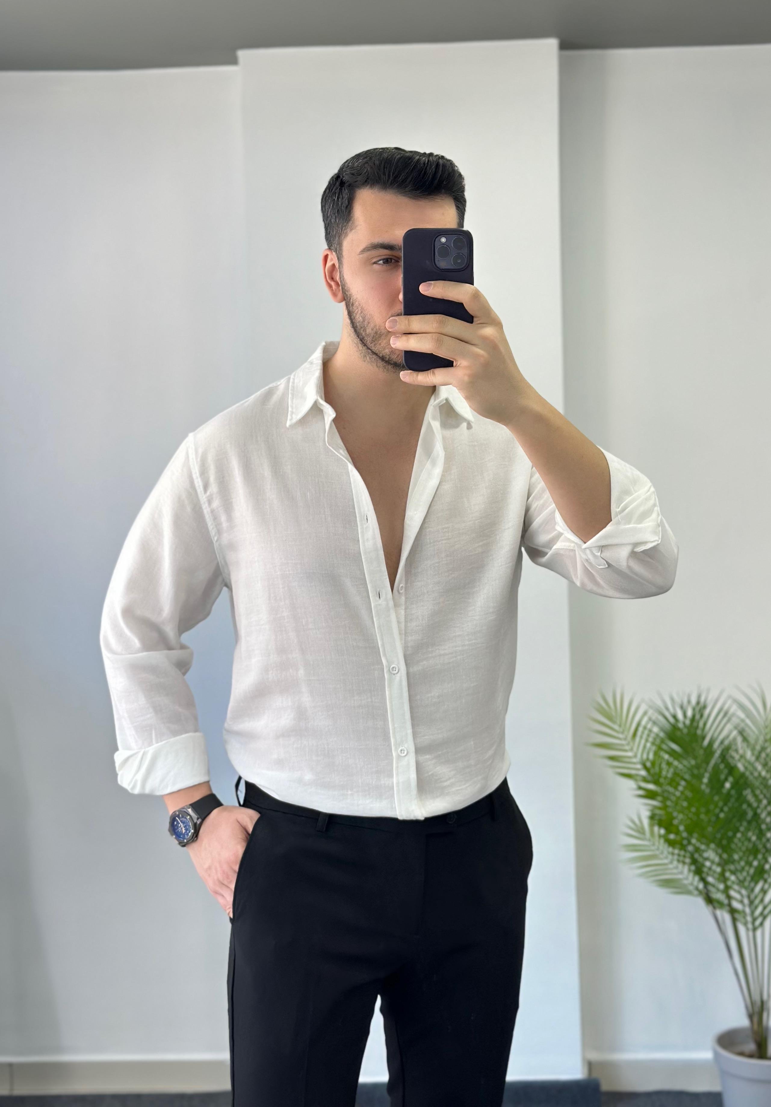 Optik Oversize Beyaz Keten Gömlek