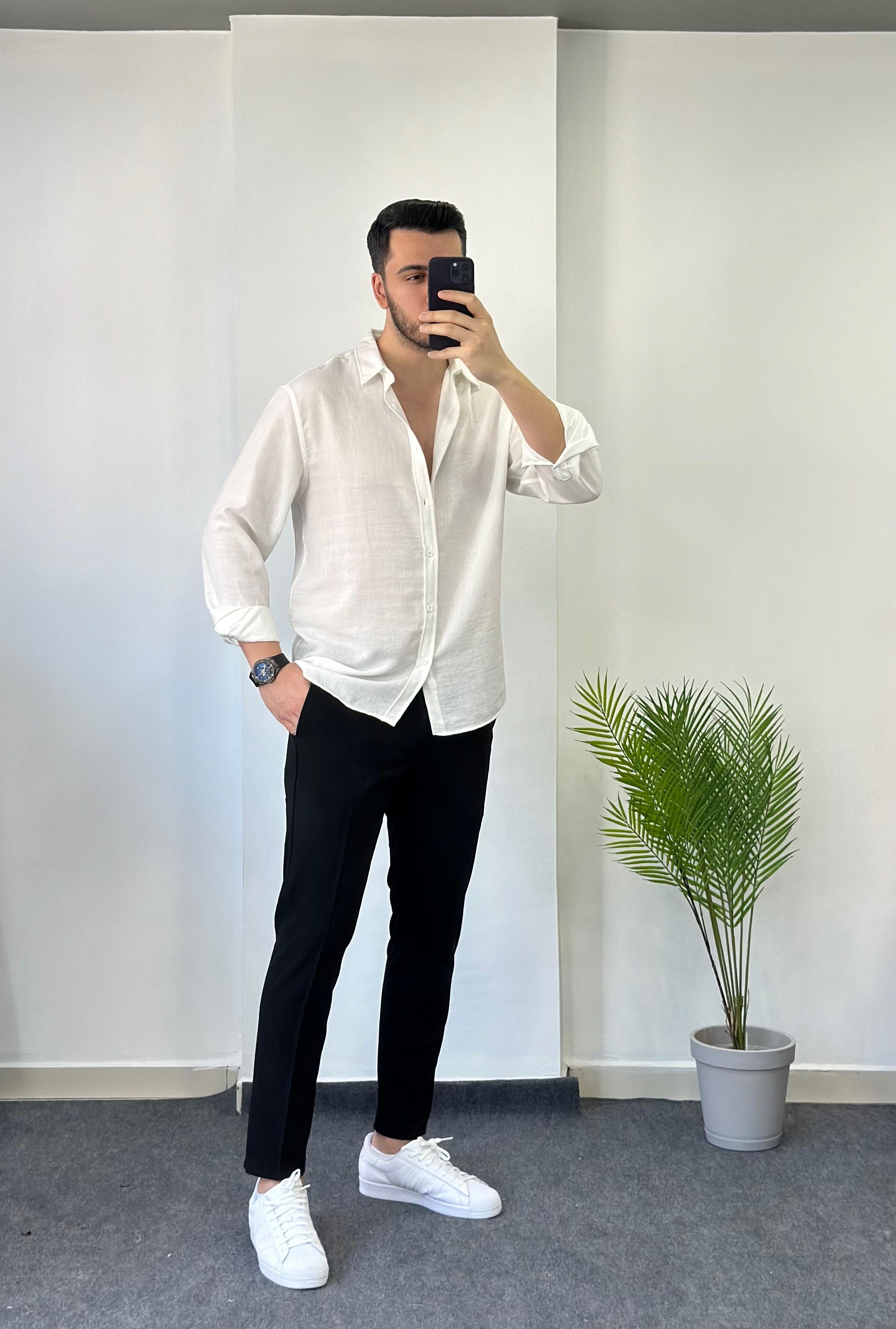 Optik Oversize Beyaz Keten Gömlek