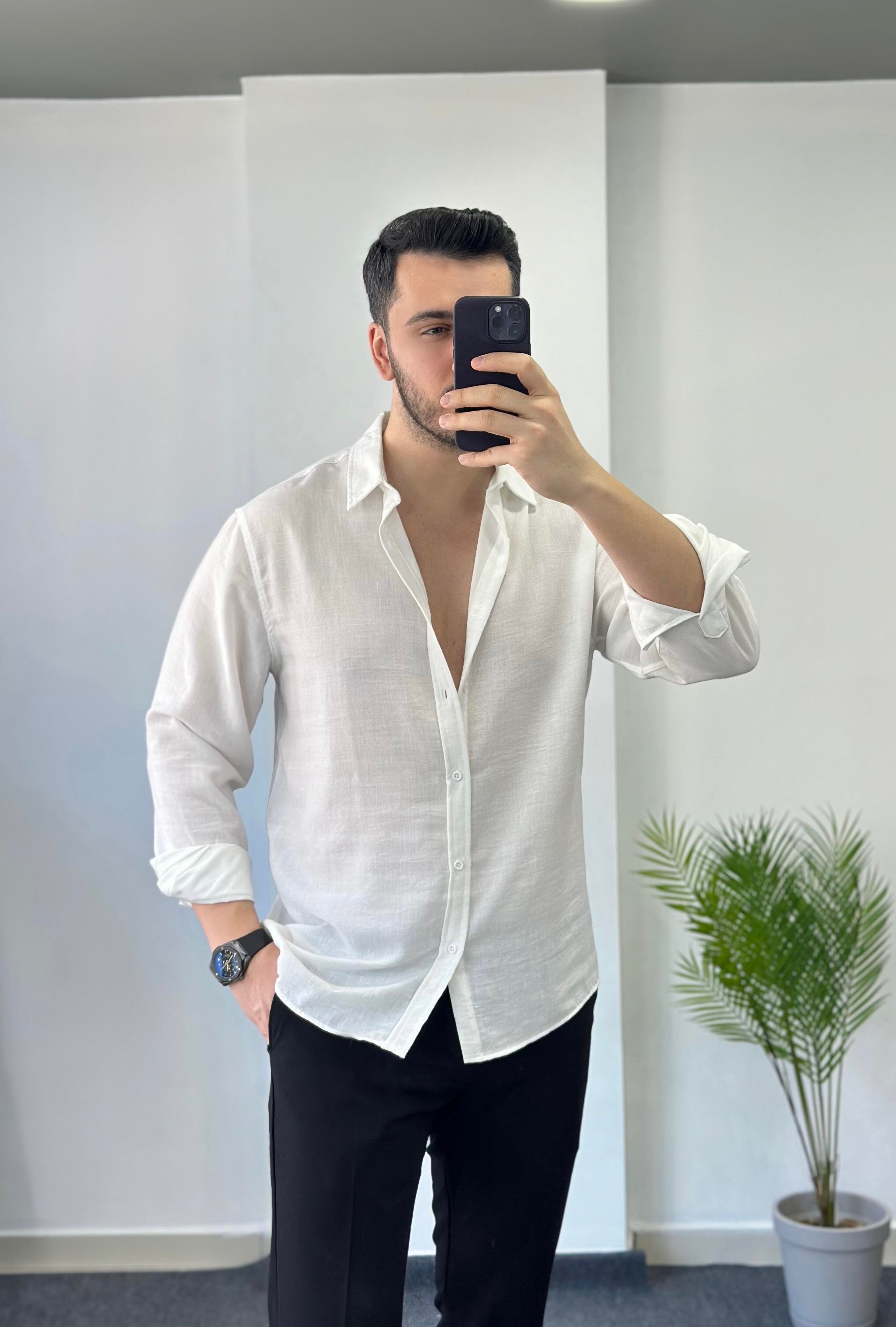 Optik Oversize Beyaz Keten Gömlek