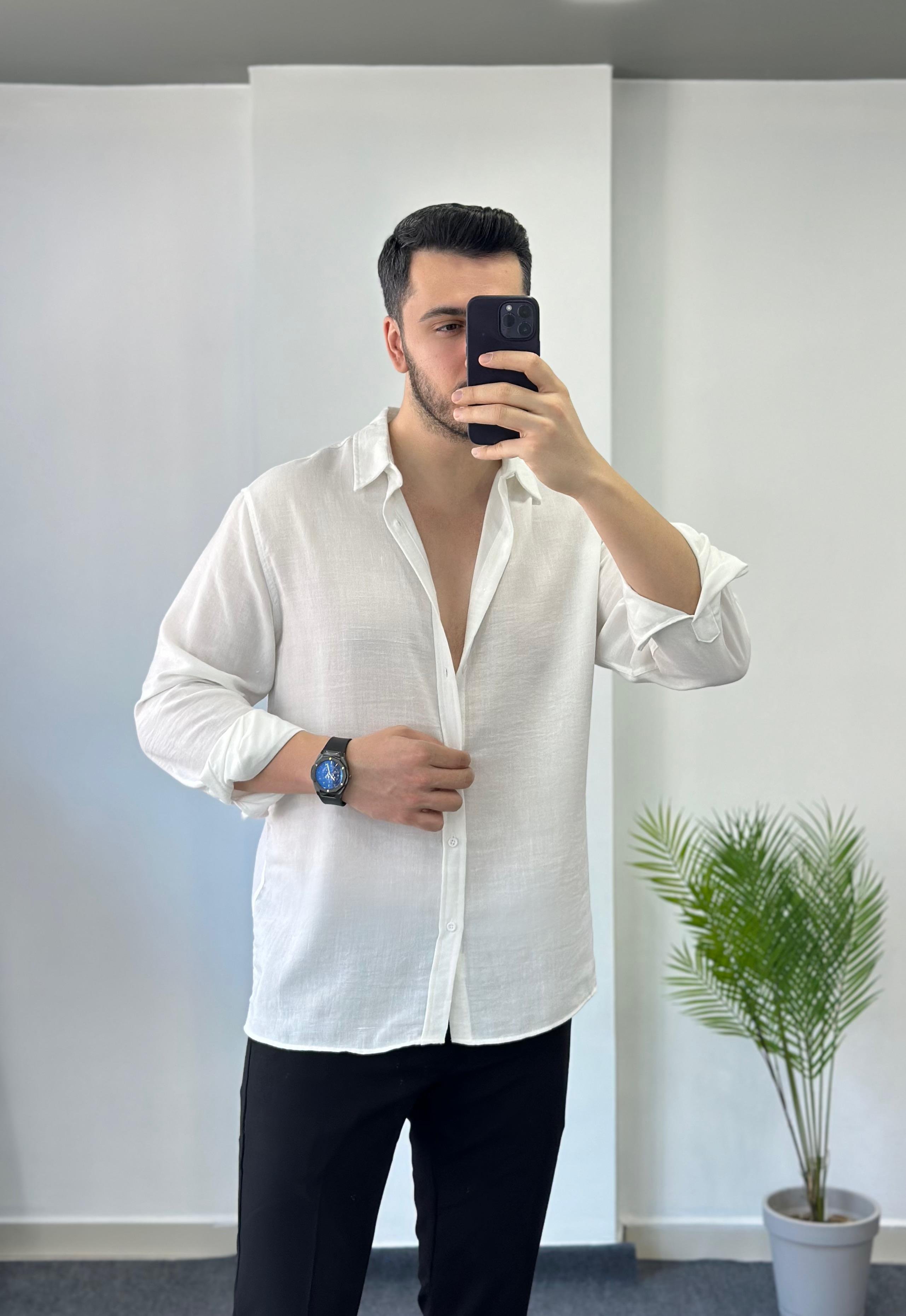 Optik Oversize Beyaz Keten Gömlek