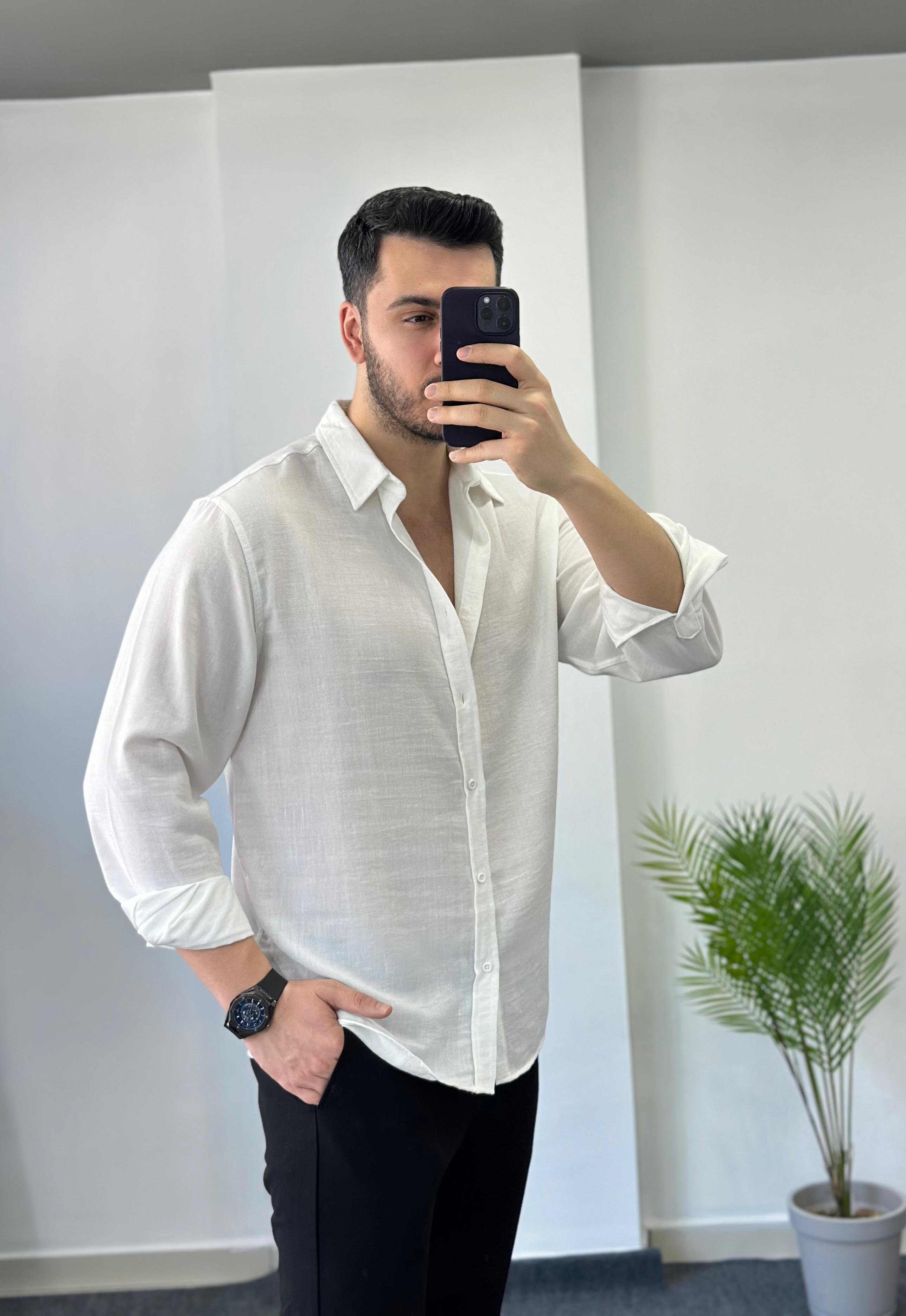 Optik Oversize Beyaz Keten Gömlek