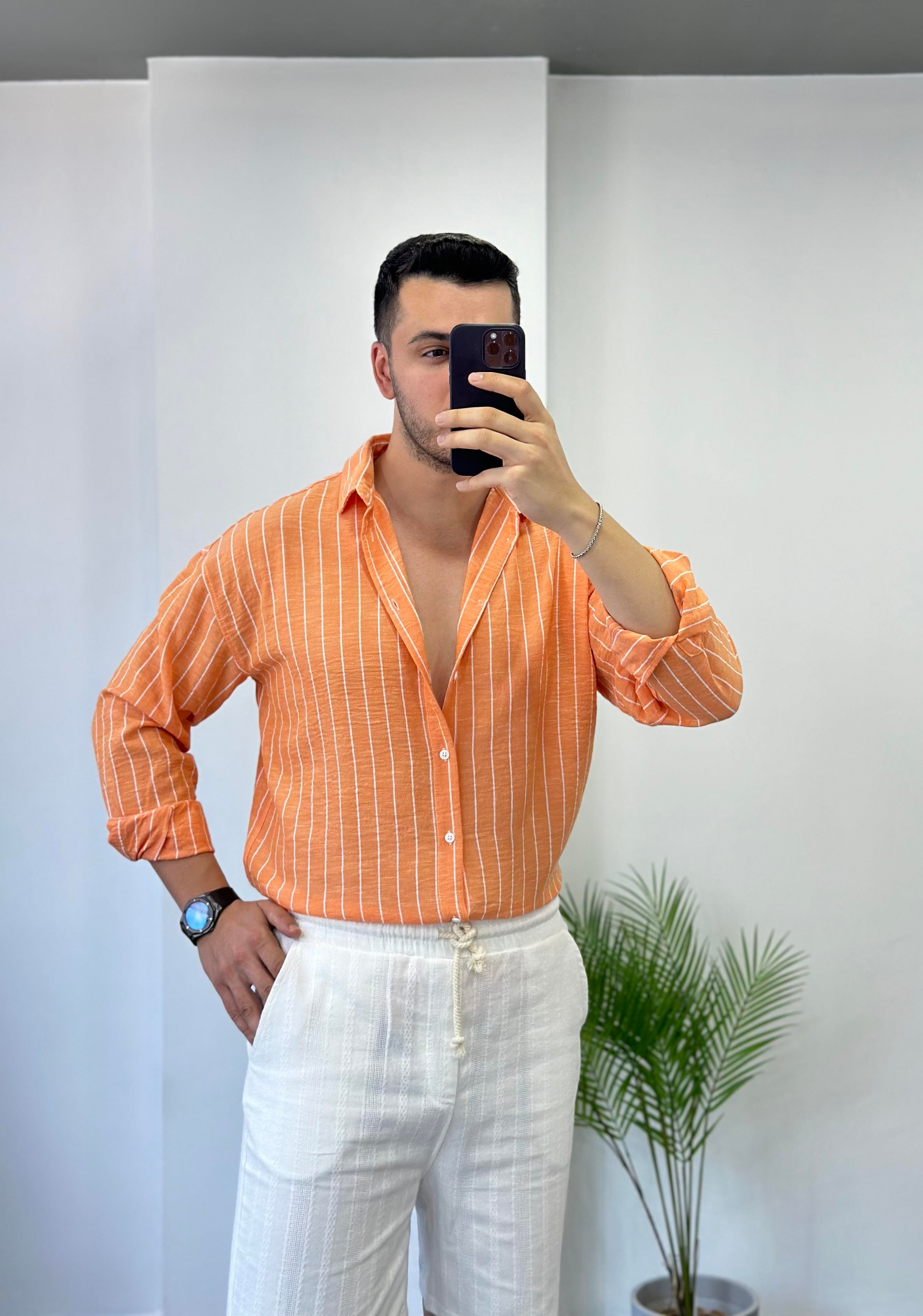 Oranj Beyaz Çizgi Oversize Keten Gömlek 