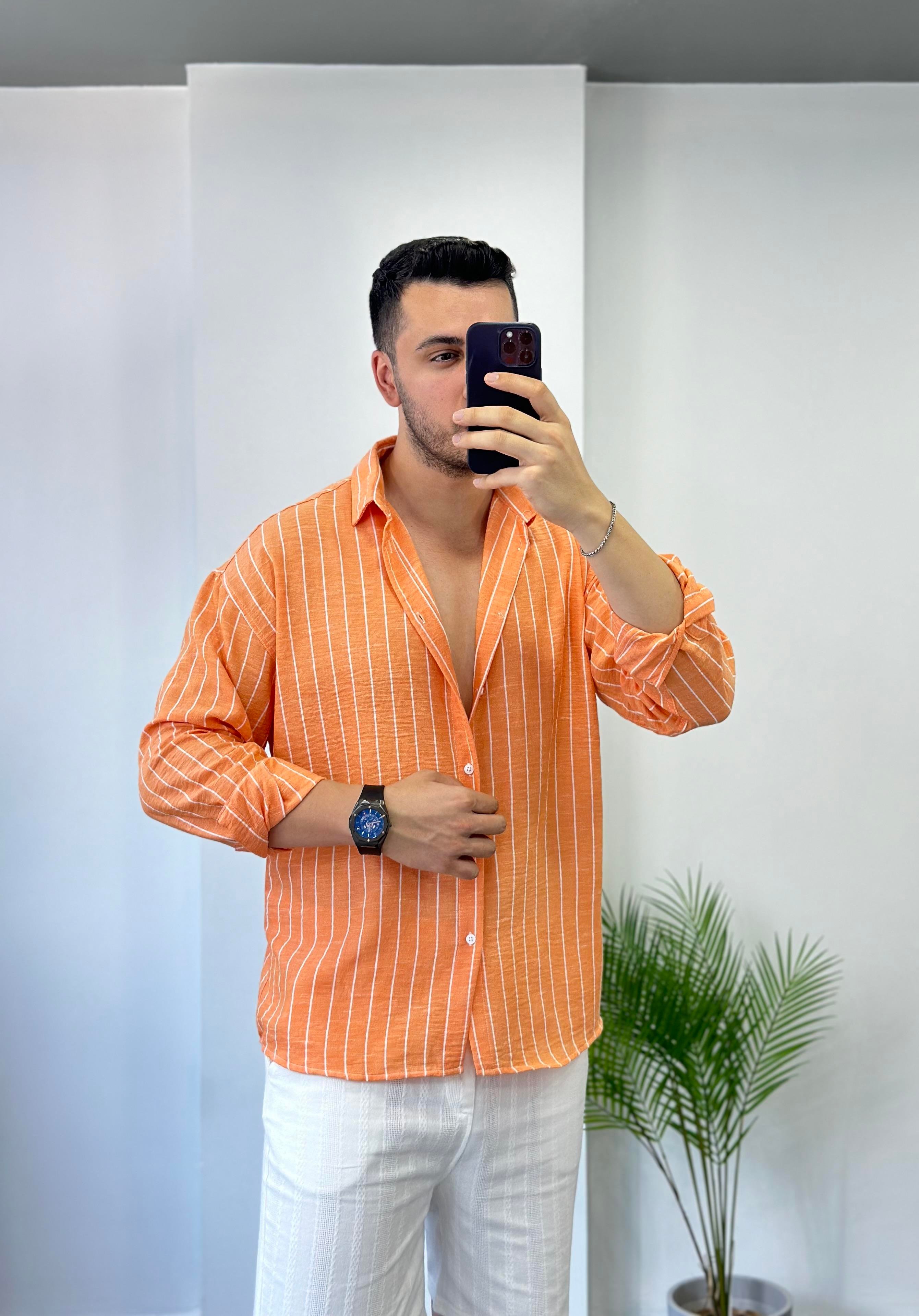Oranj Beyaz Çizgi Oversize Keten Gömlek 