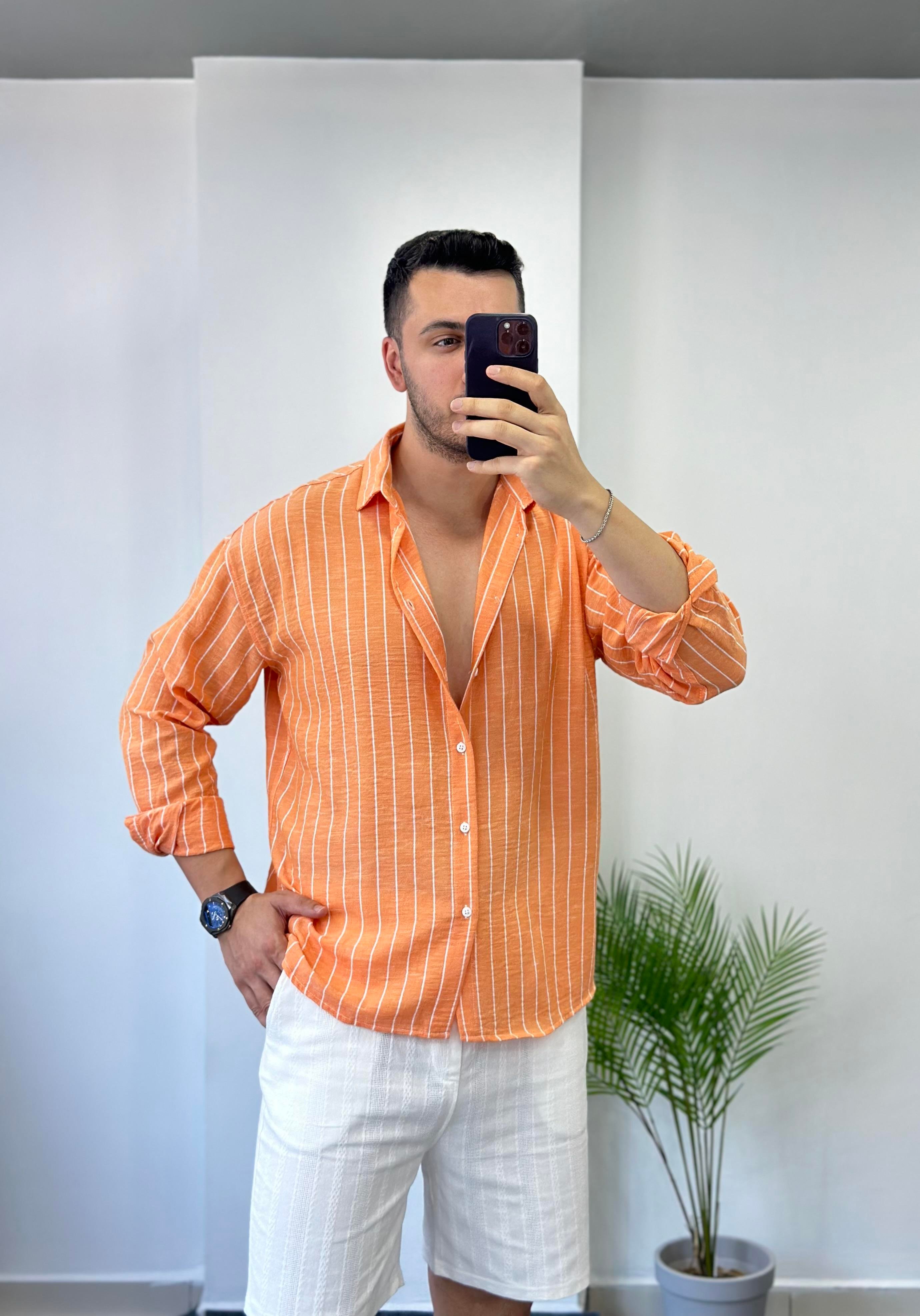 Oranj Beyaz Çizgi Oversize Keten Gömlek 