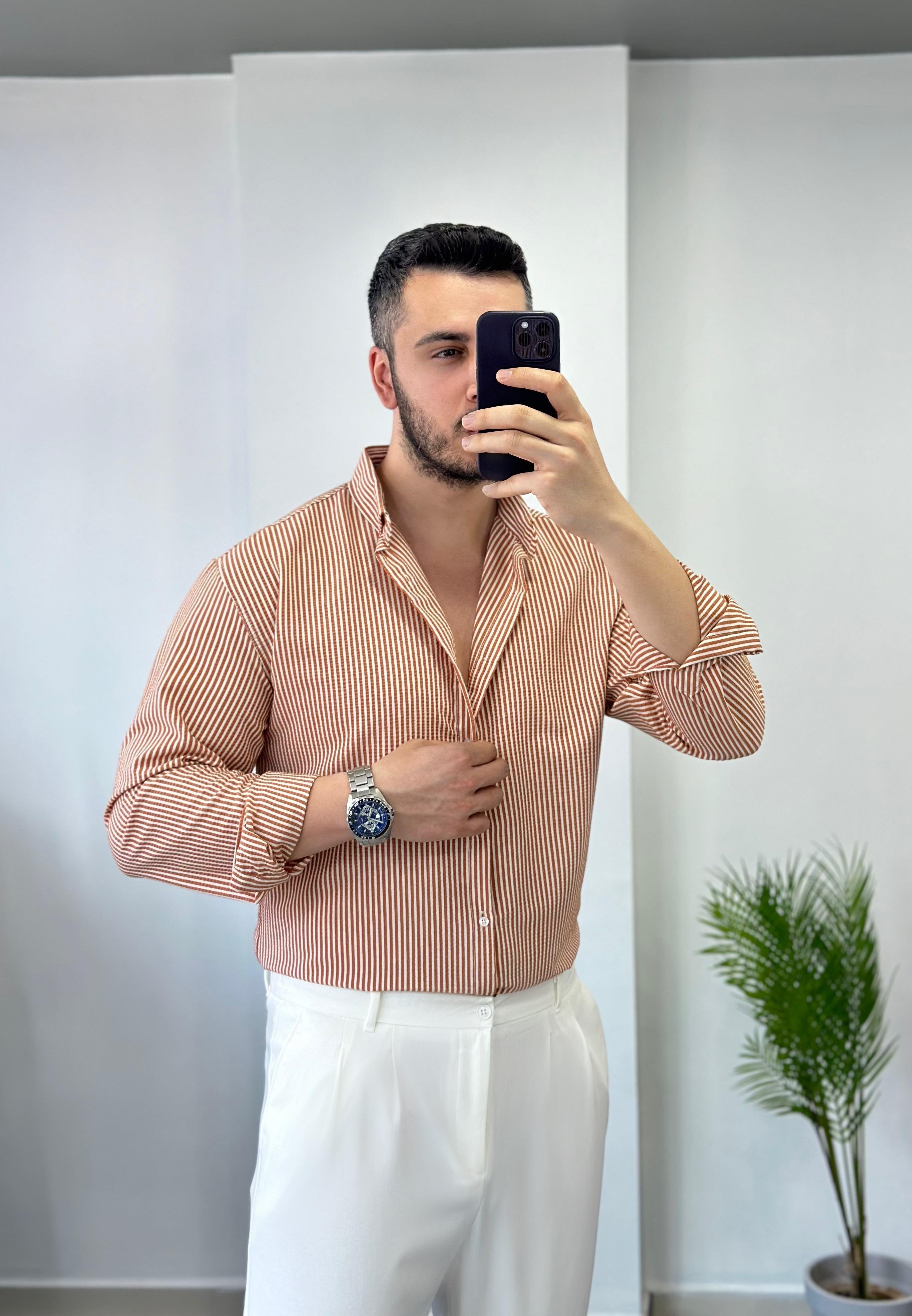 Oranj Çizgili Oversize Keten Gömlek