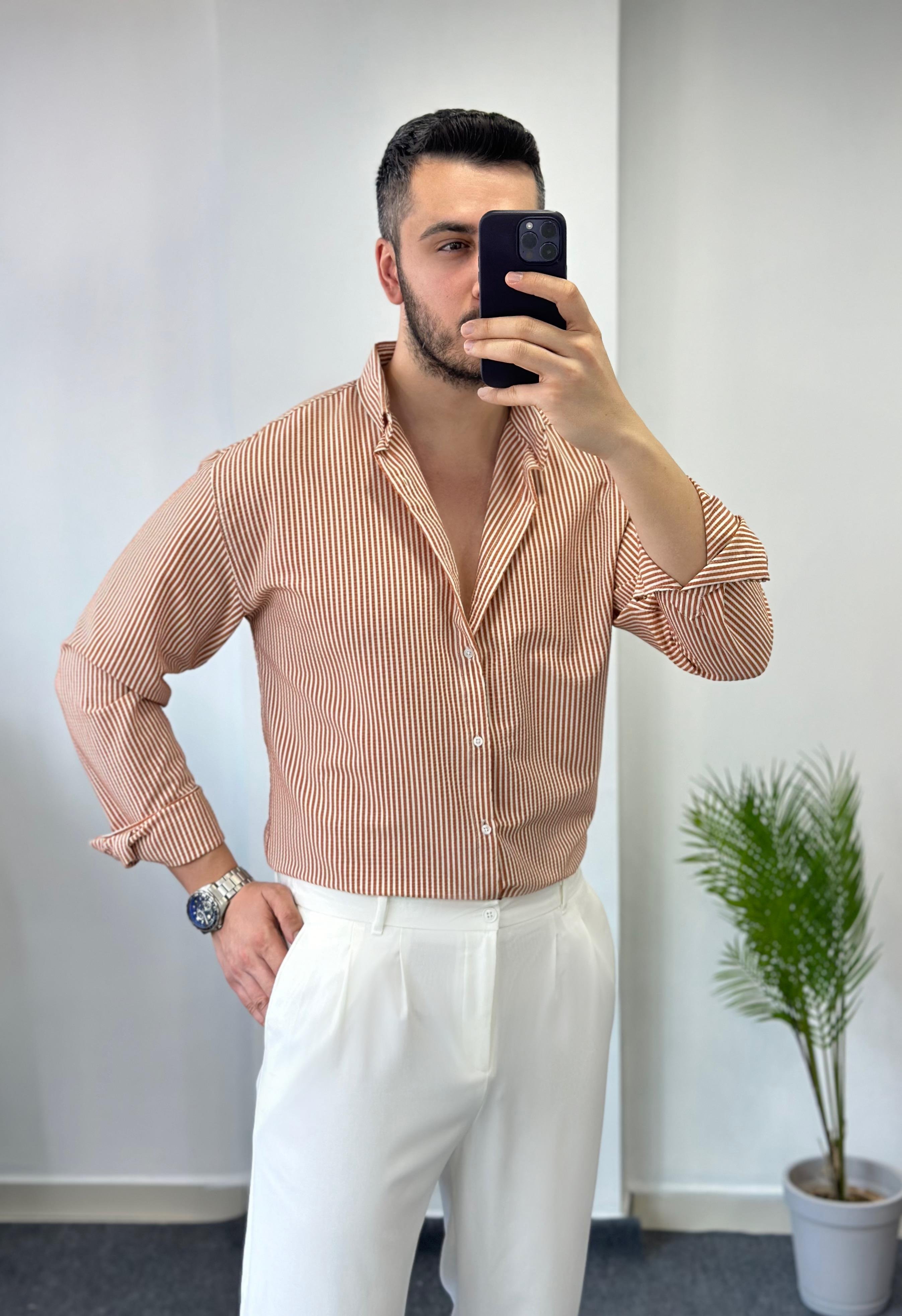 Oranj Çizgili Oversize Keten Gömlek