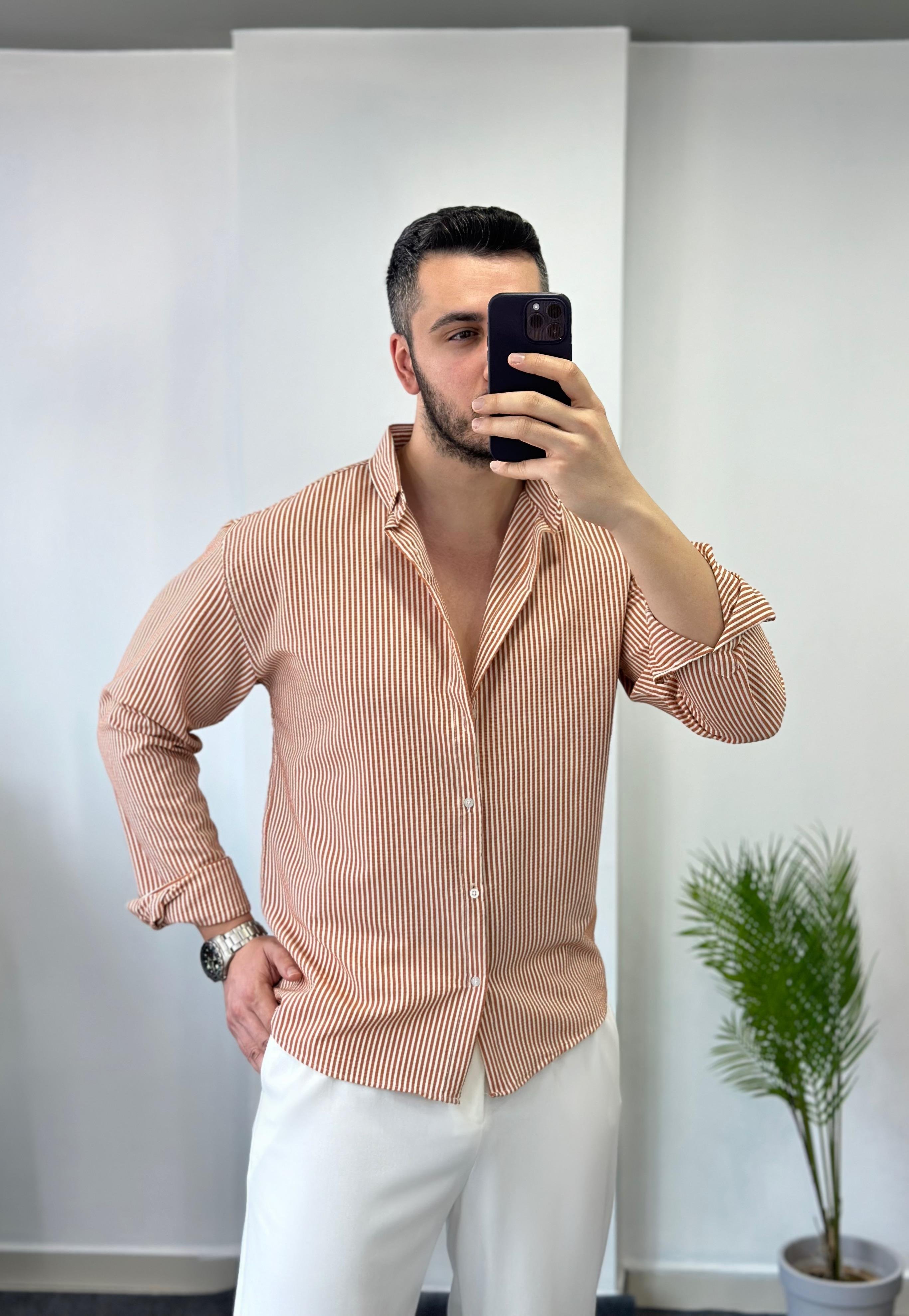 Oranj Çizgili Oversize Keten Gömlek