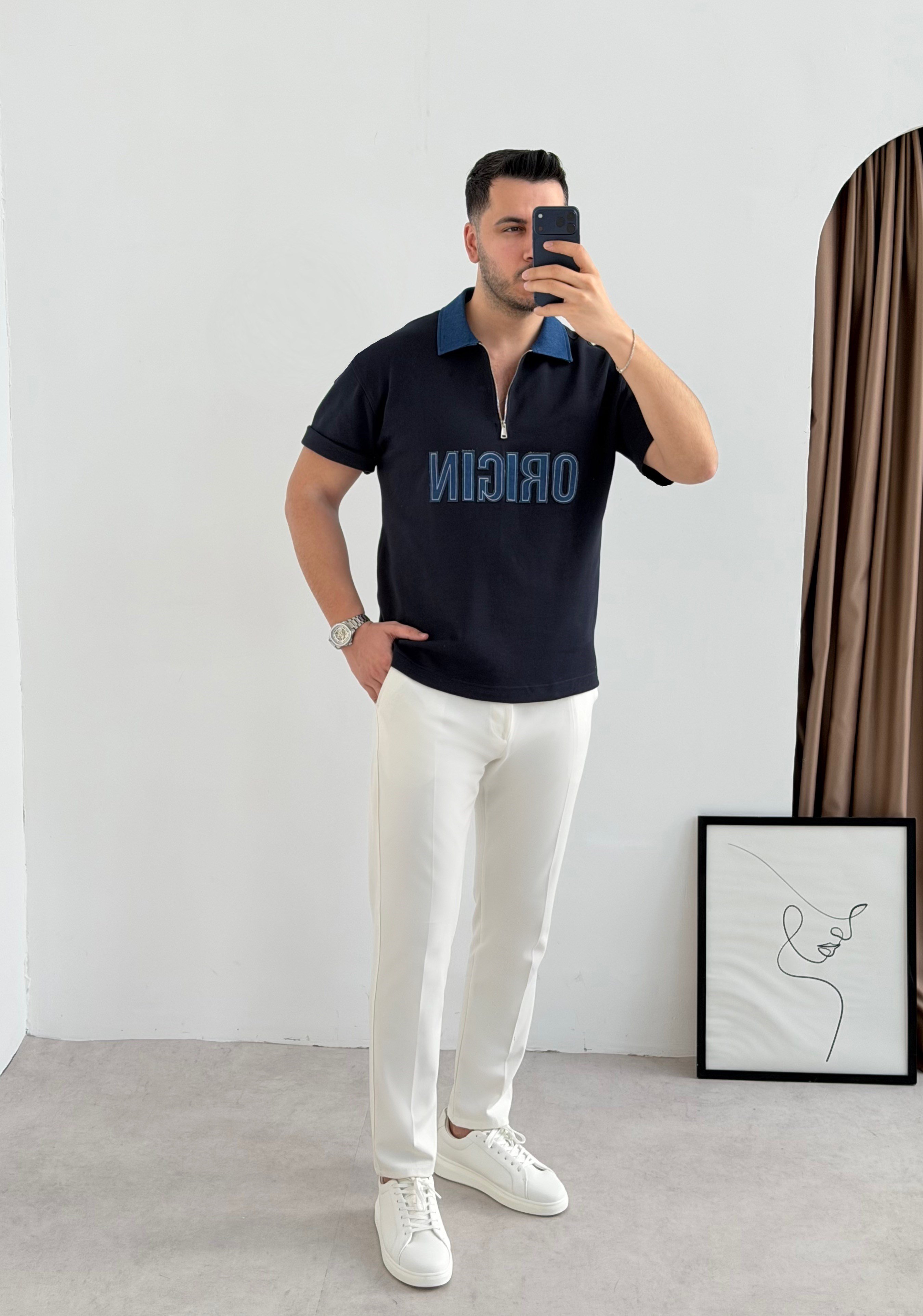 Original Nakış Lacivert Oversize Tişört