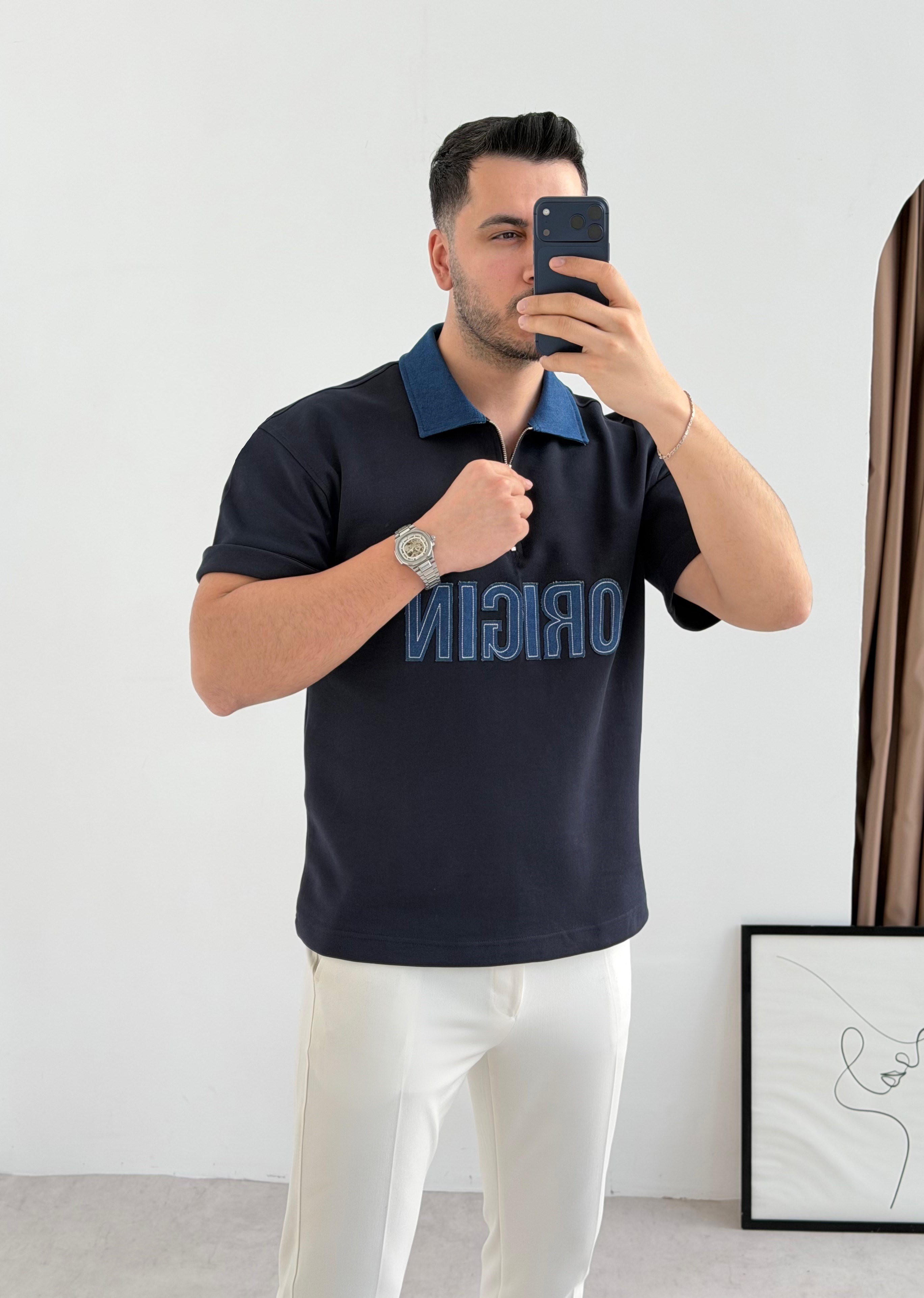 Original Nakış Lacivert Oversize Tişört