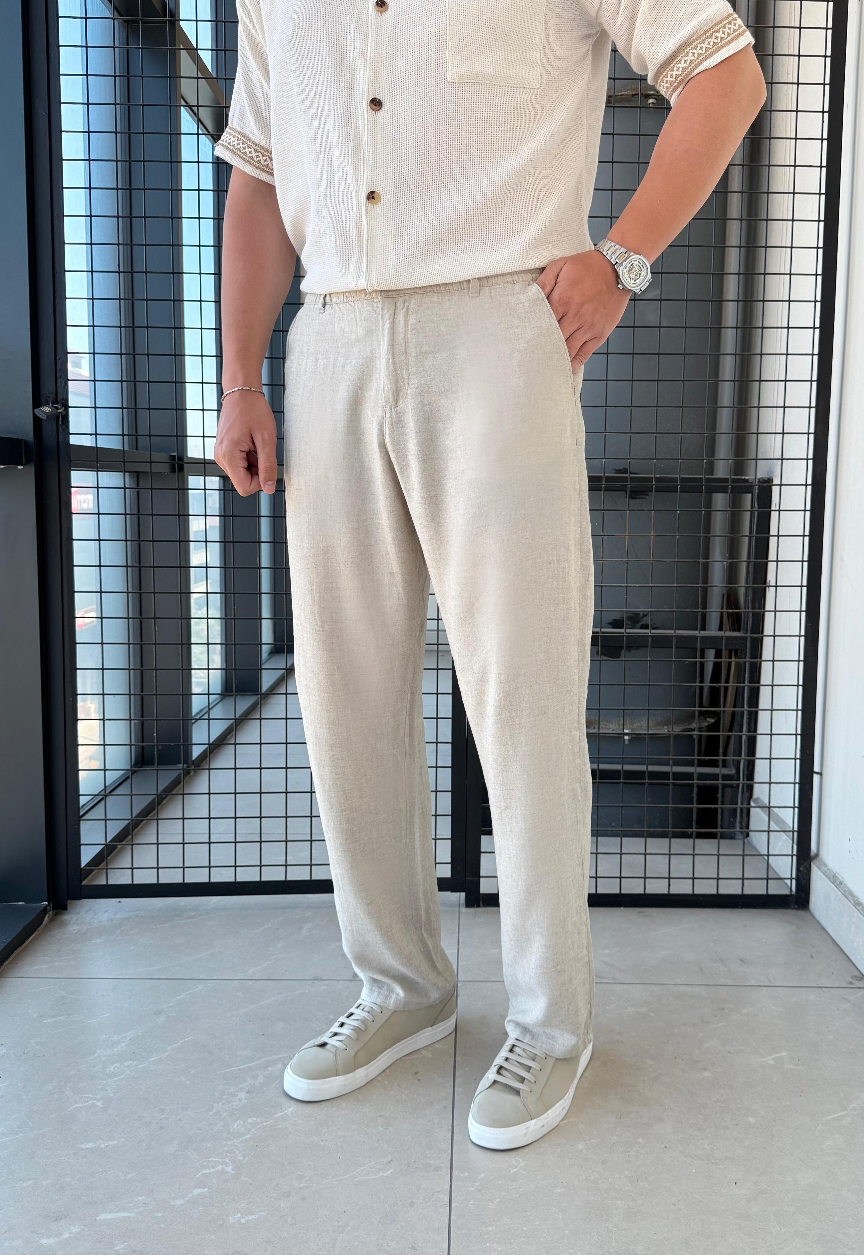 Orjinal %100 Keten Ekru Pantolon 