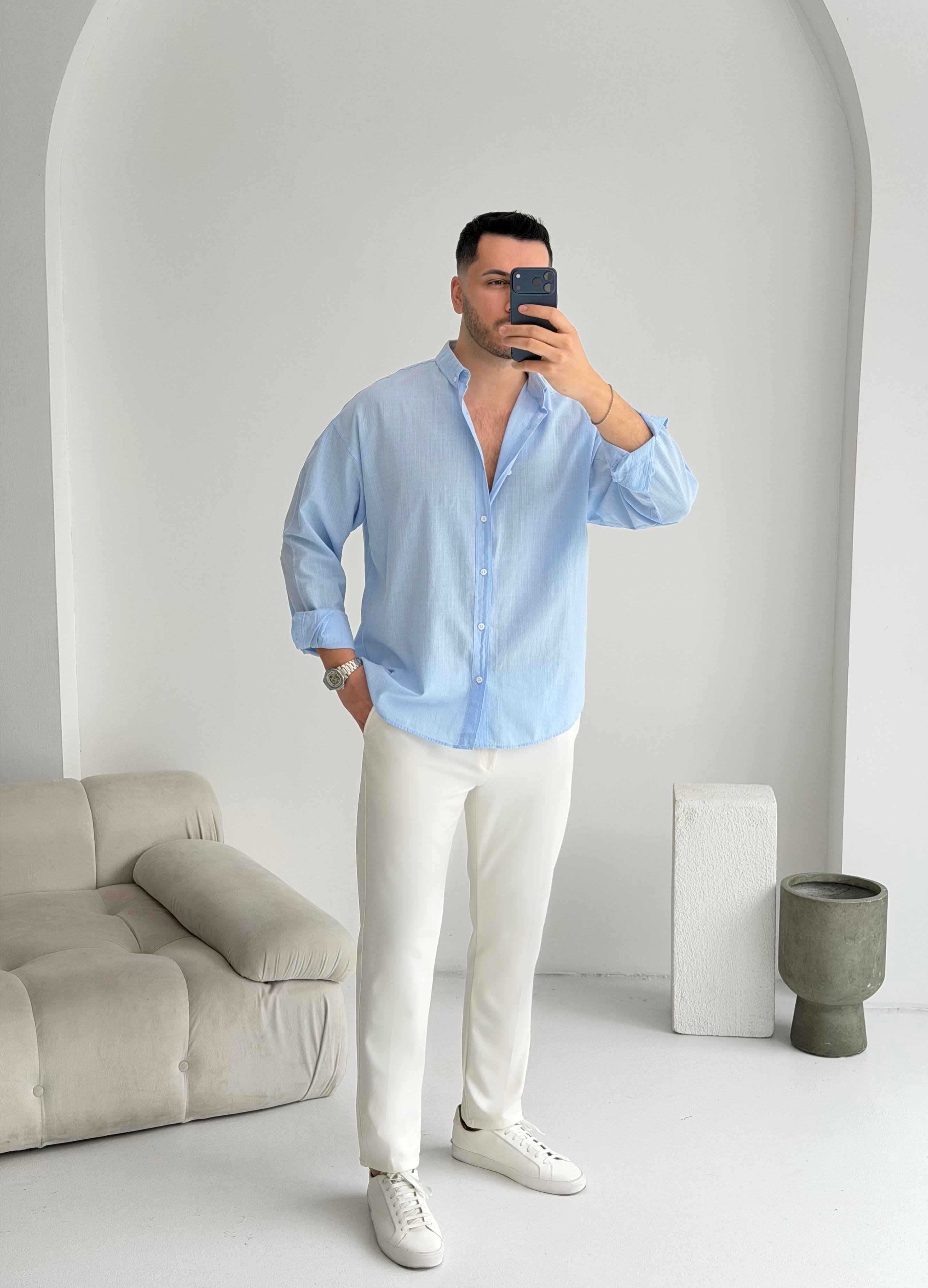 Orjinal Fresh Keten Bebe Mavisi Oversize Gömlek 