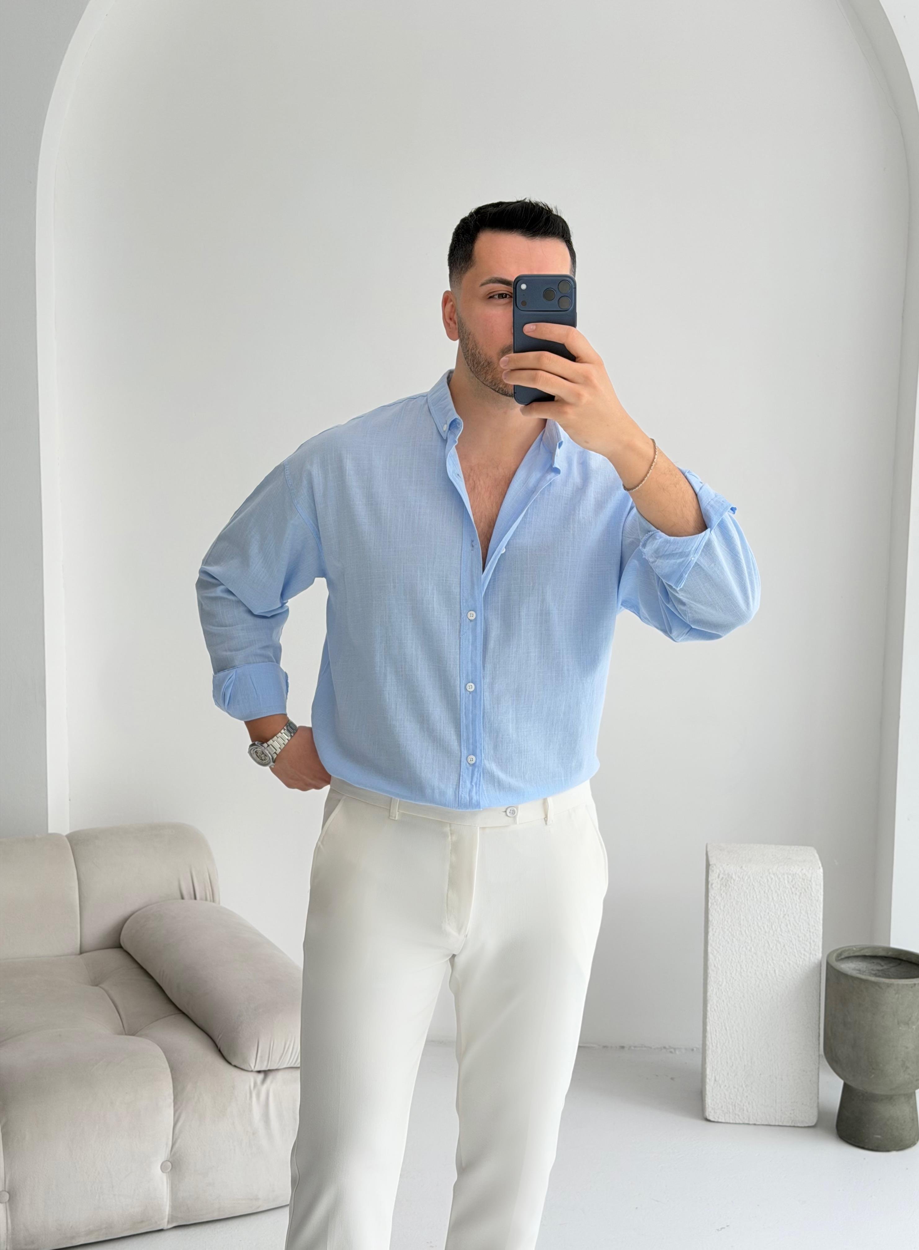 Orjinal Fresh Keten Bebe Mavisi Oversize Gömlek 