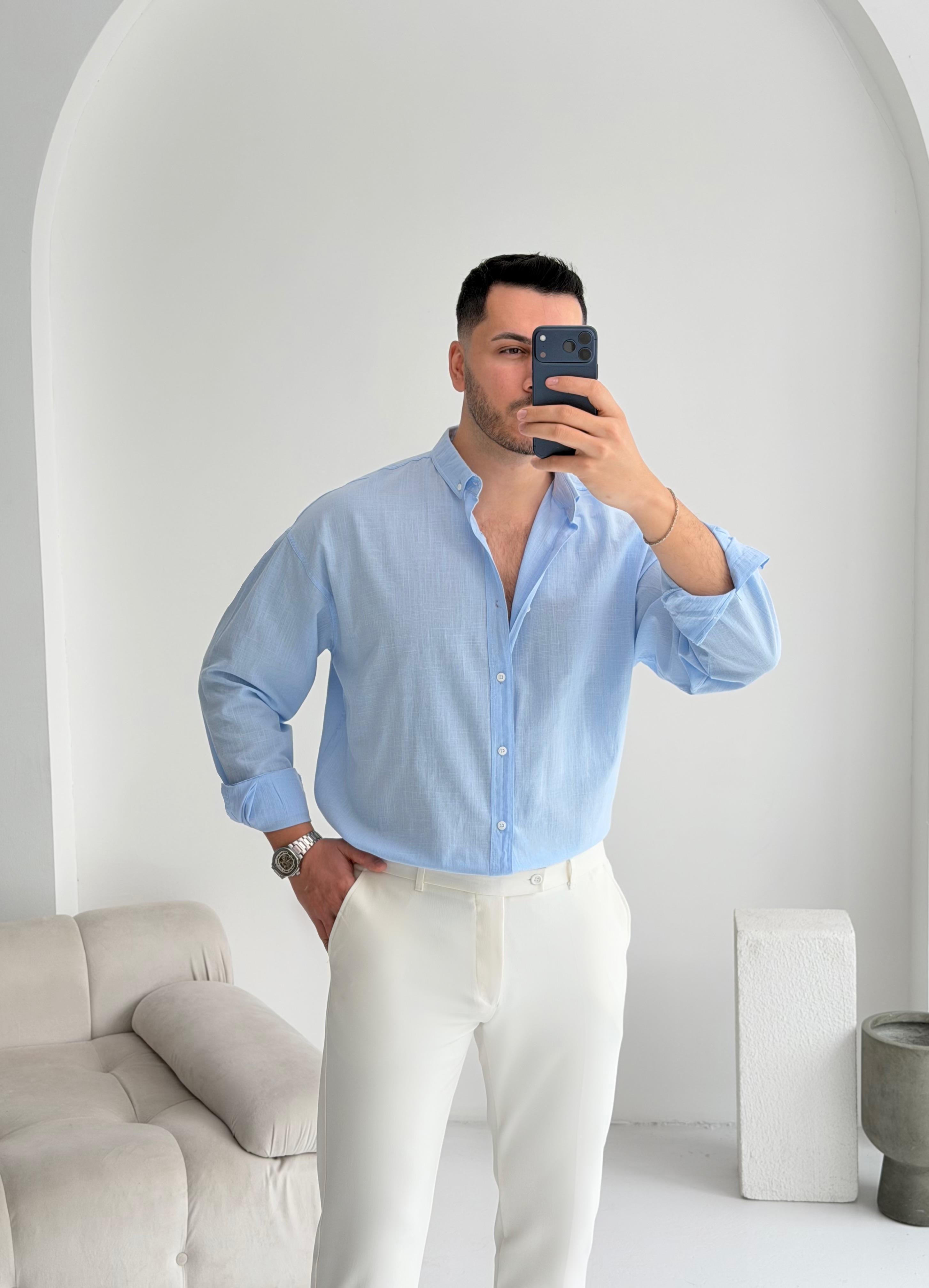 Orjinal Fresh Keten Bebe Mavisi Oversize Gömlek 