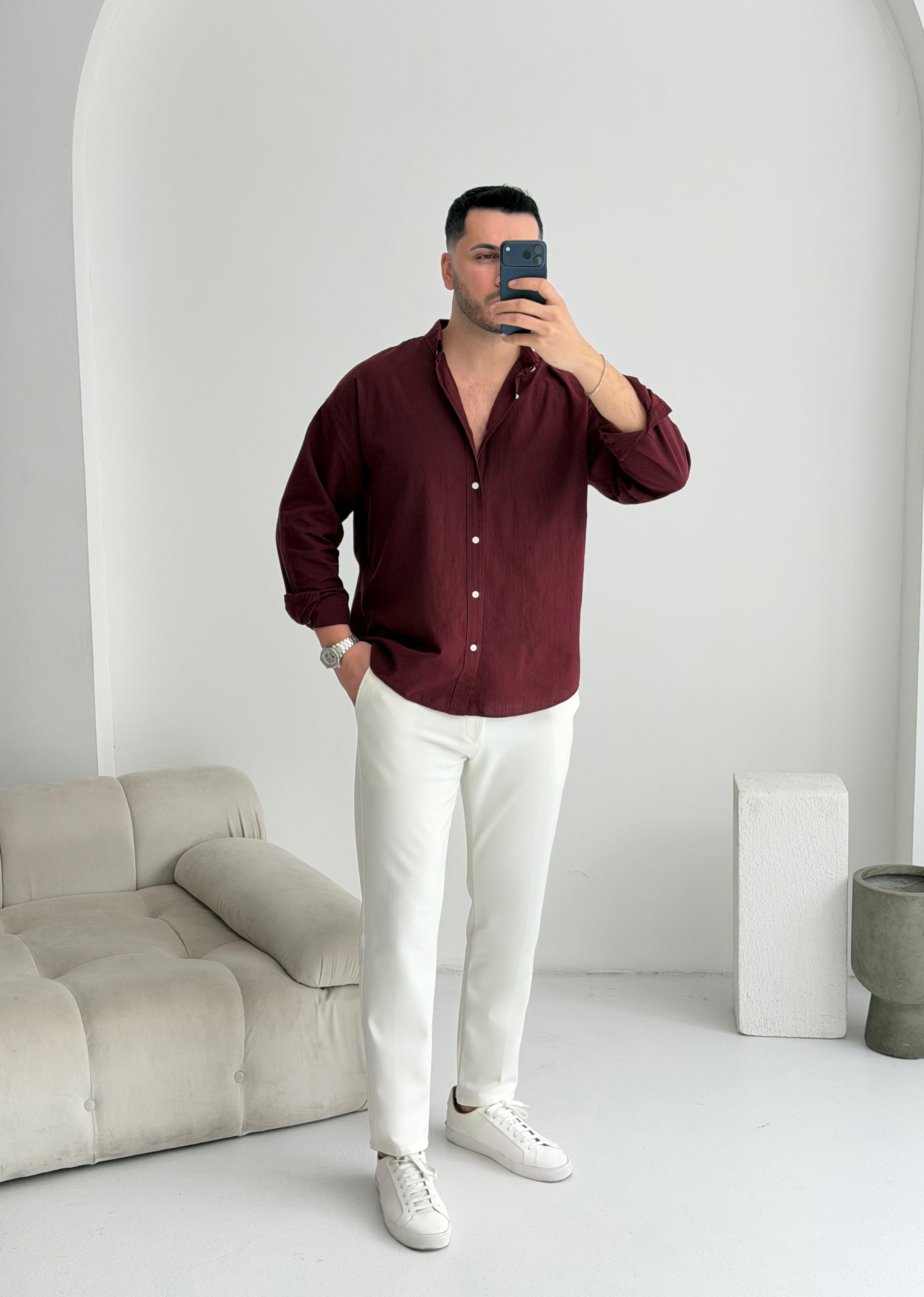Orjinal Fresh Keten Bordo Oversize Gömlek 