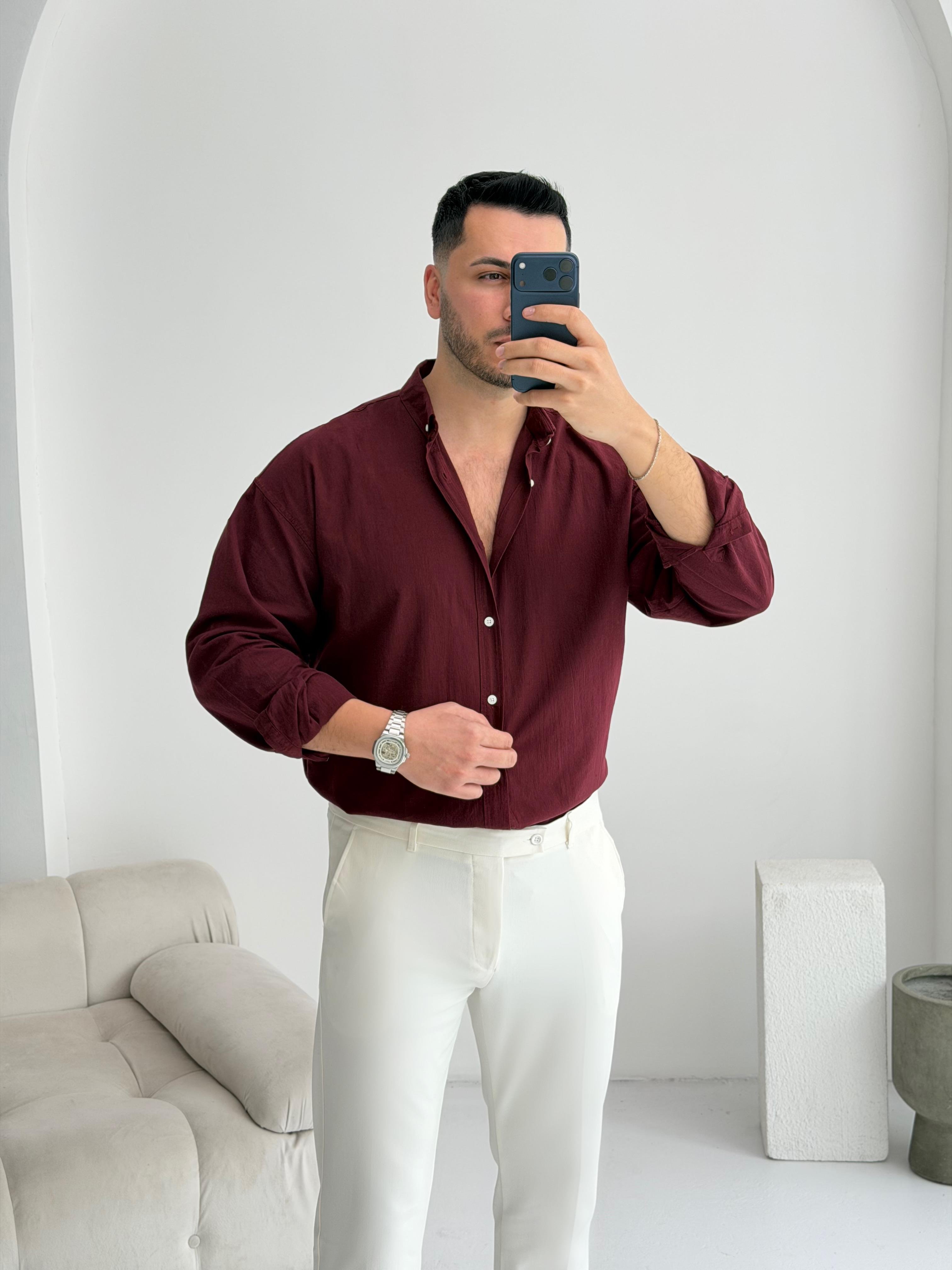 Orjinal Fresh Keten Bordo Oversize Gömlek 