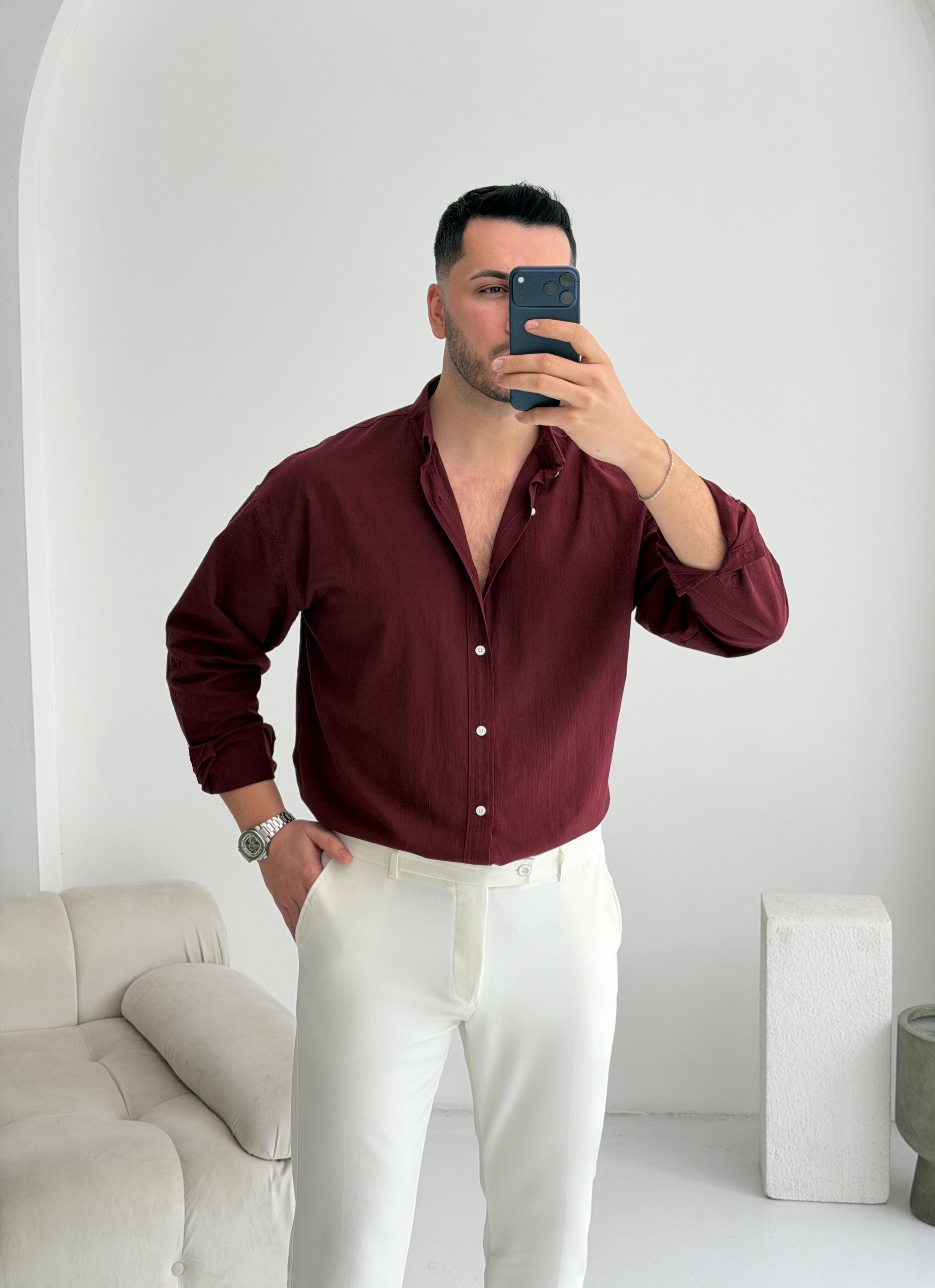 Orjinal Fresh Keten Bordo Oversize Gömlek 