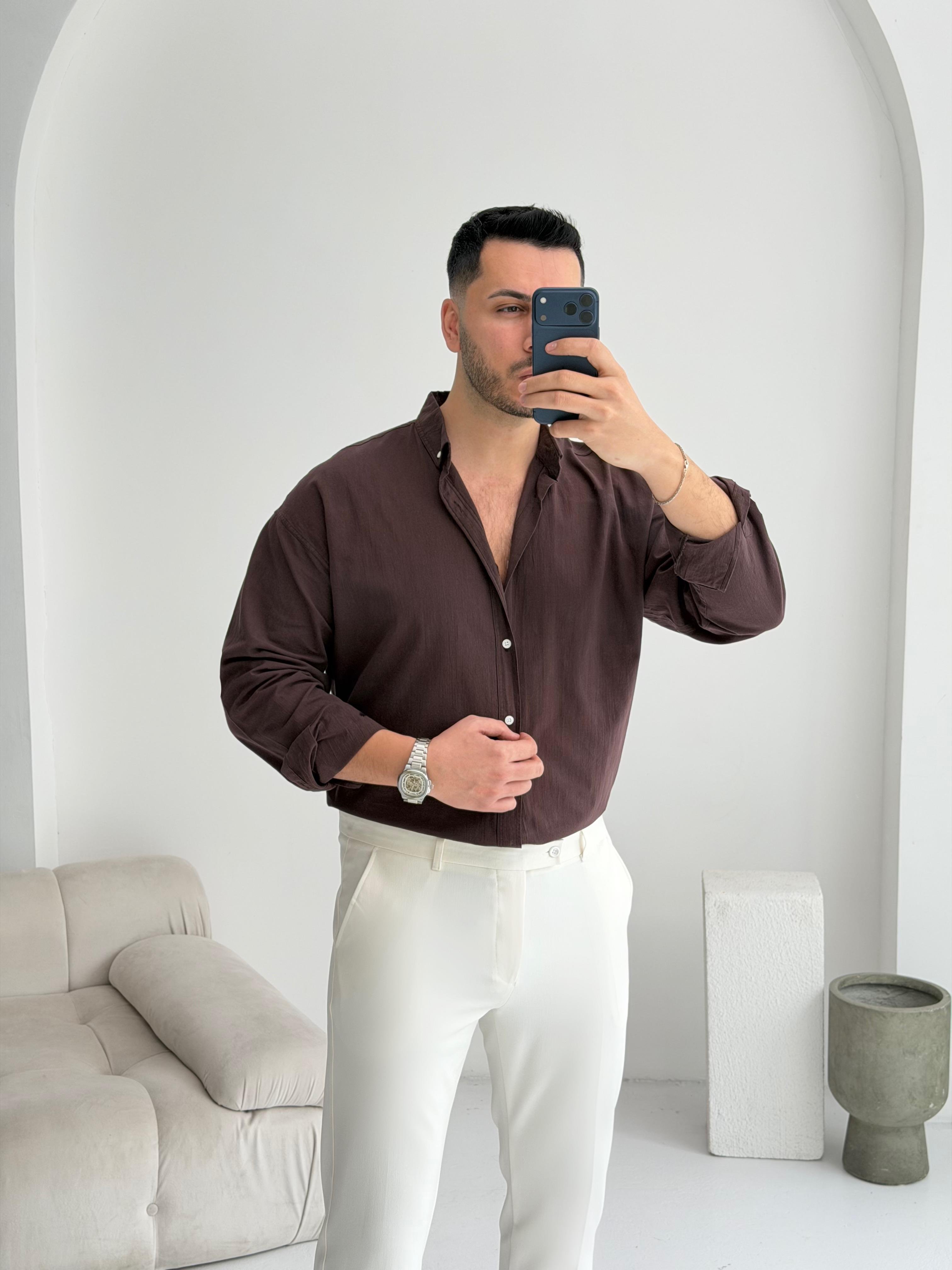 Orjinal Fresh Keten Kahve Oversize Gömlek 