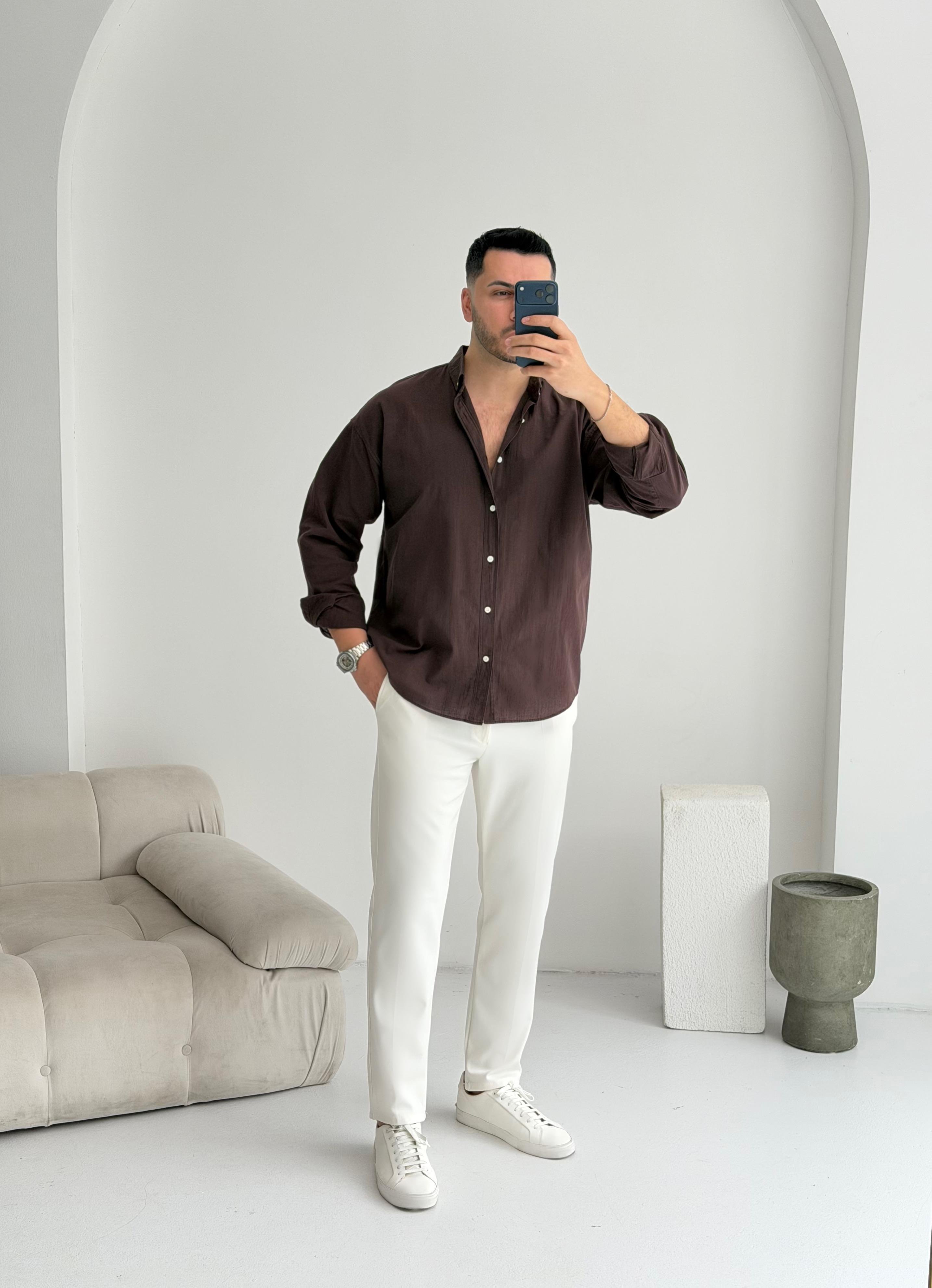 Orjinal Fresh Keten Kahve Oversize Gömlek 