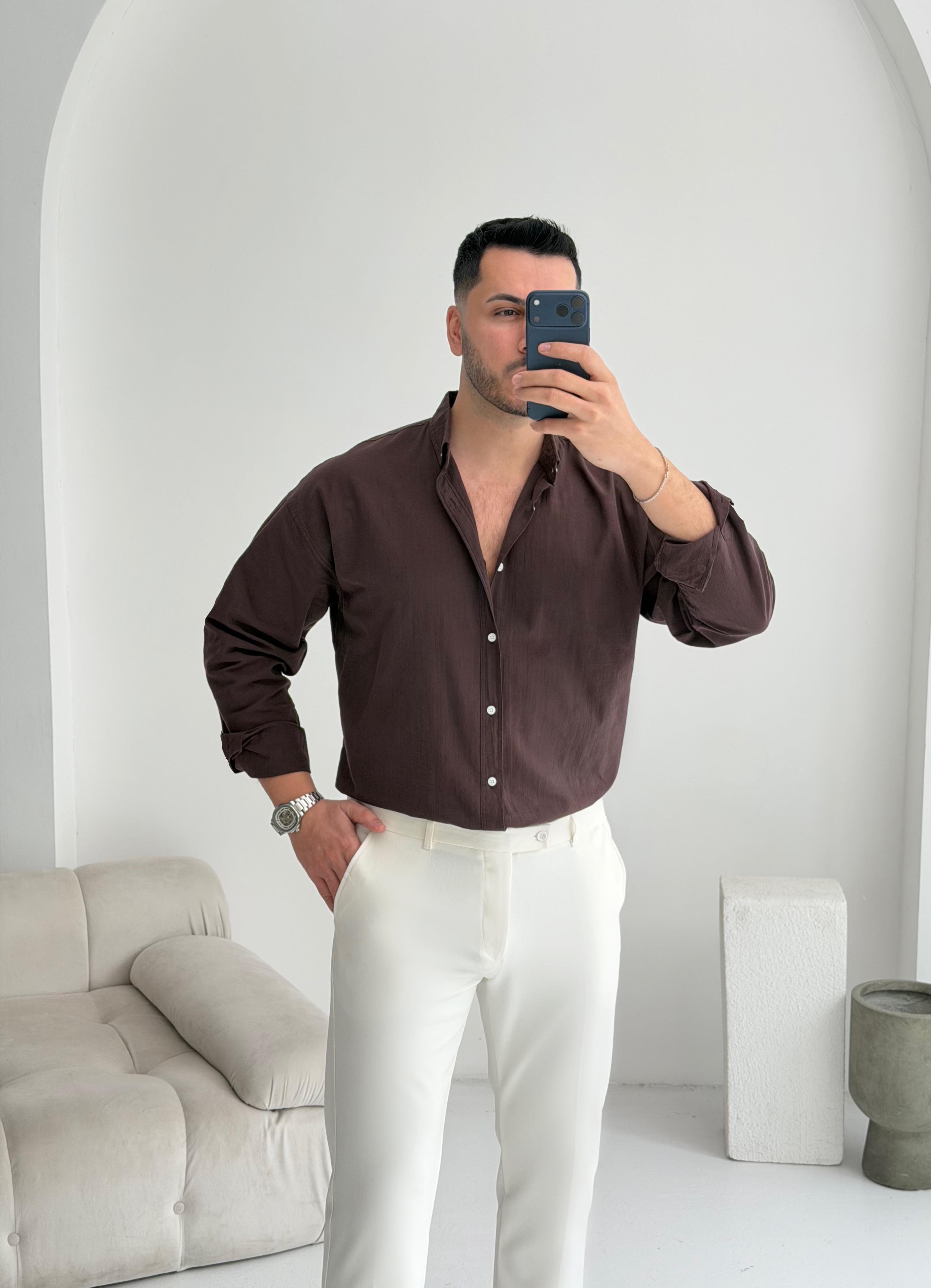 Orjinal Fresh Keten Kahve Oversize Gömlek 
