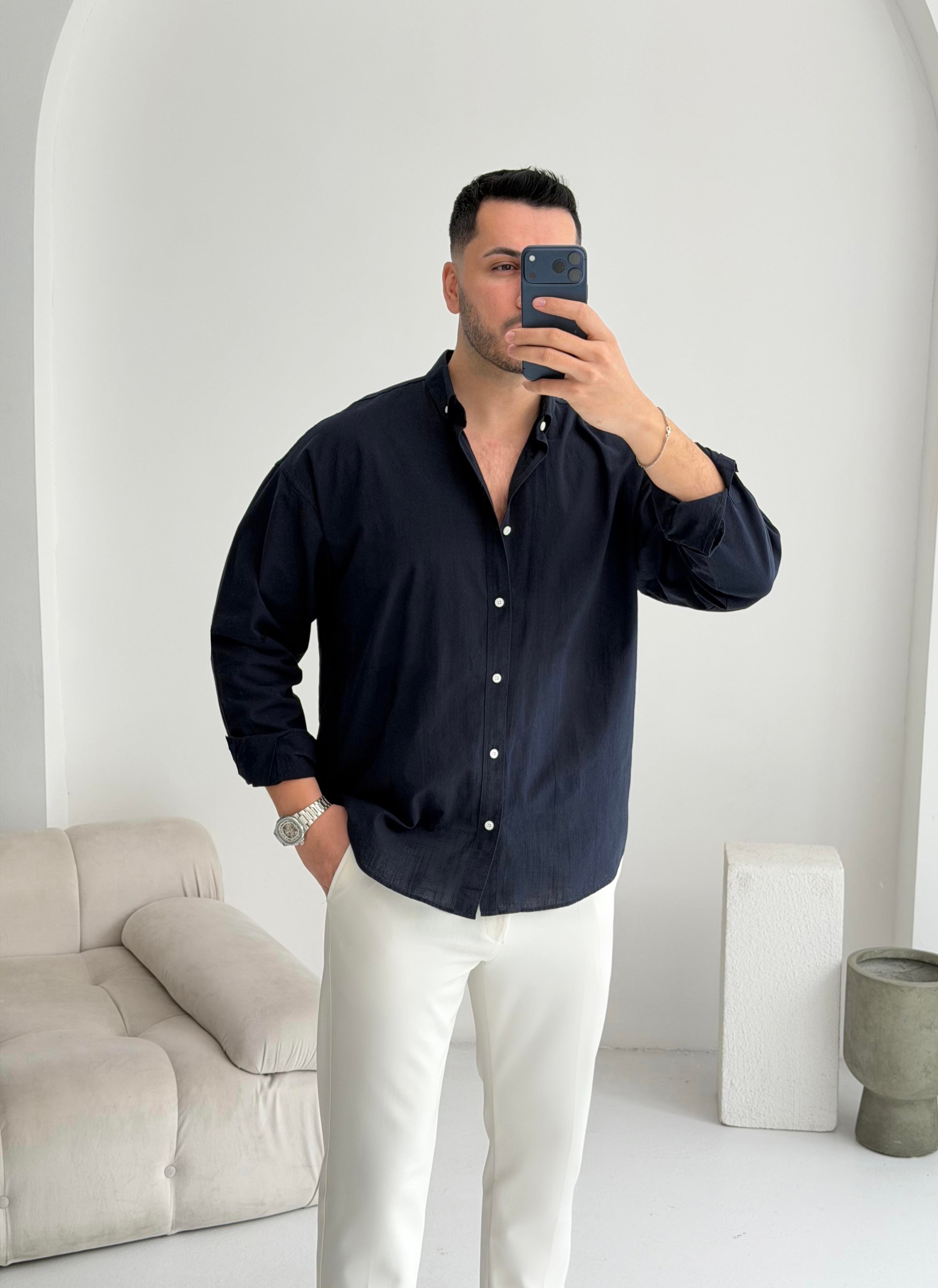 Orjinal Fresh Keten Lacivert Oversize Gömlek 