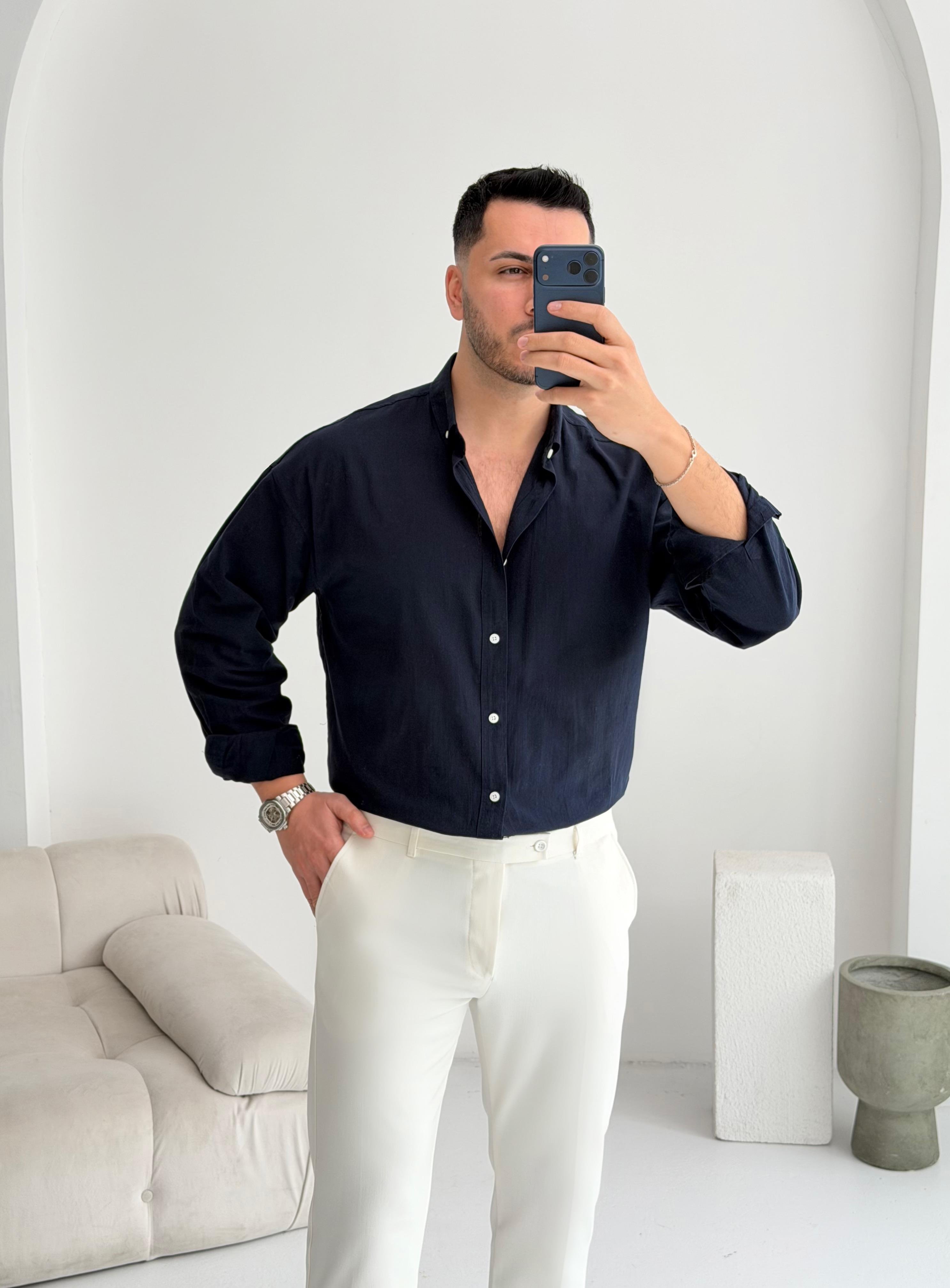 Orjinal Fresh Keten Lacivert Oversize Gömlek 