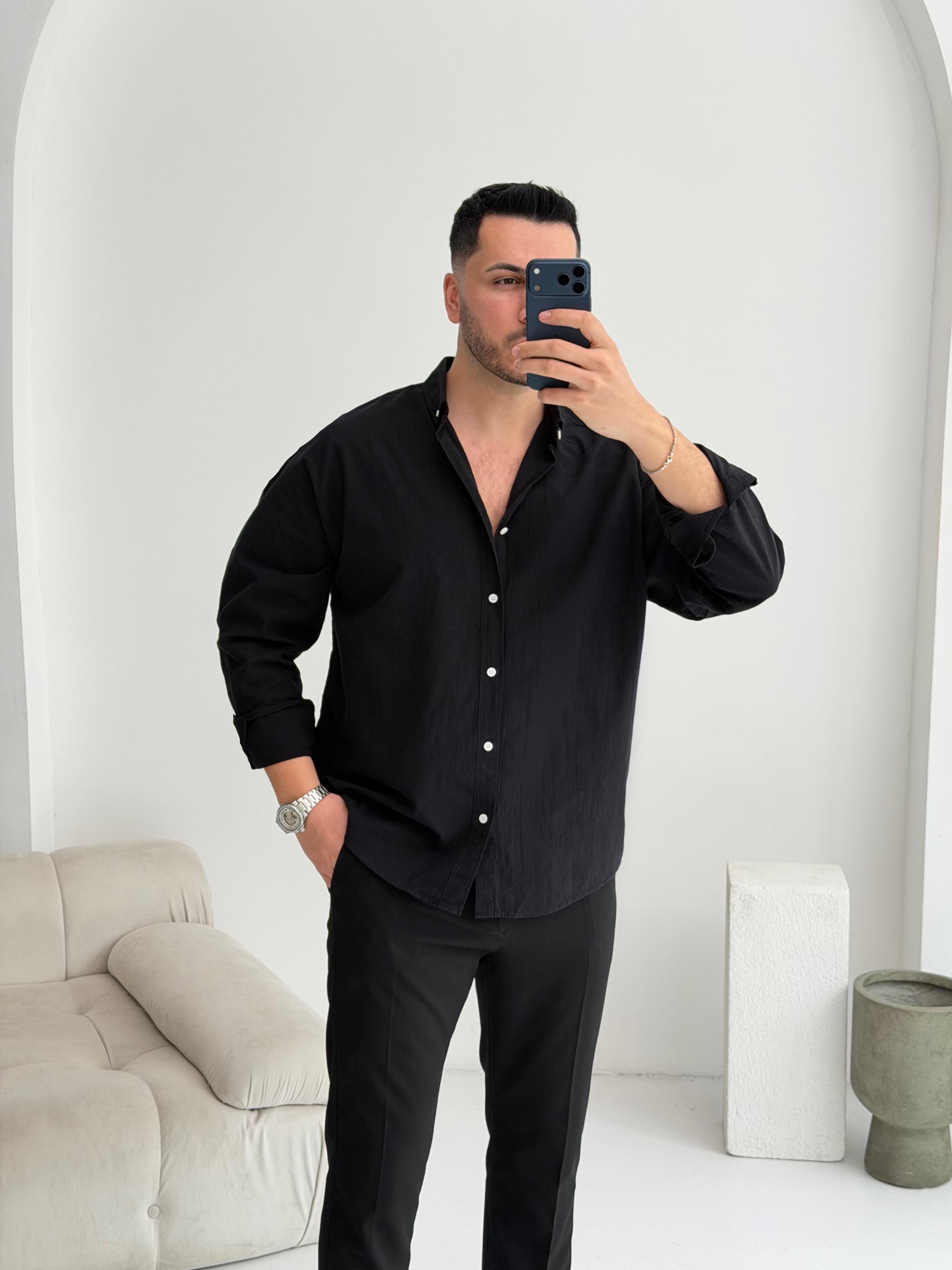 Orjinal Fresh Keten Siyah Oversize Gömlek 