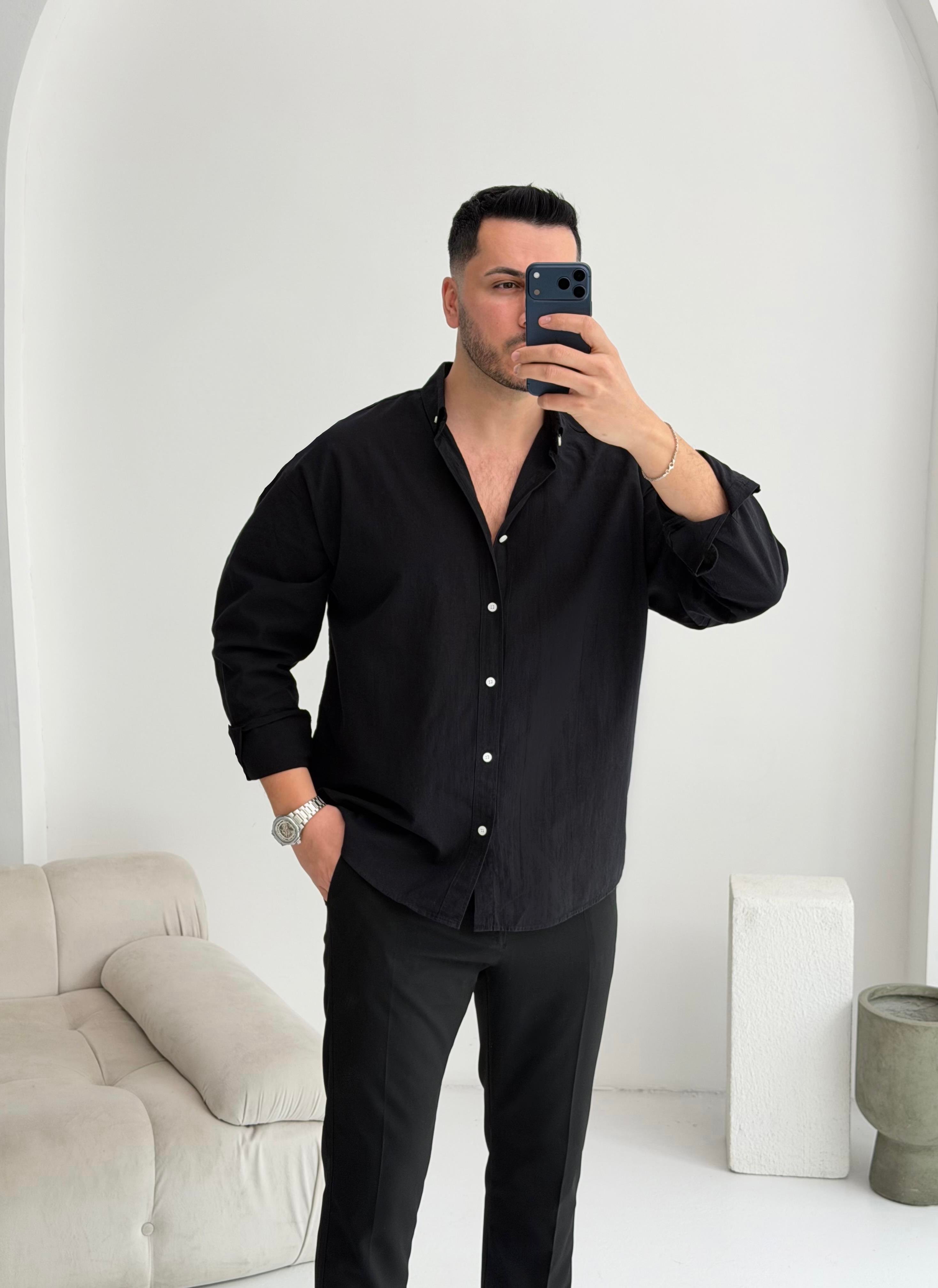 Orjinal Fresh Keten Siyah Oversize Gömlek 