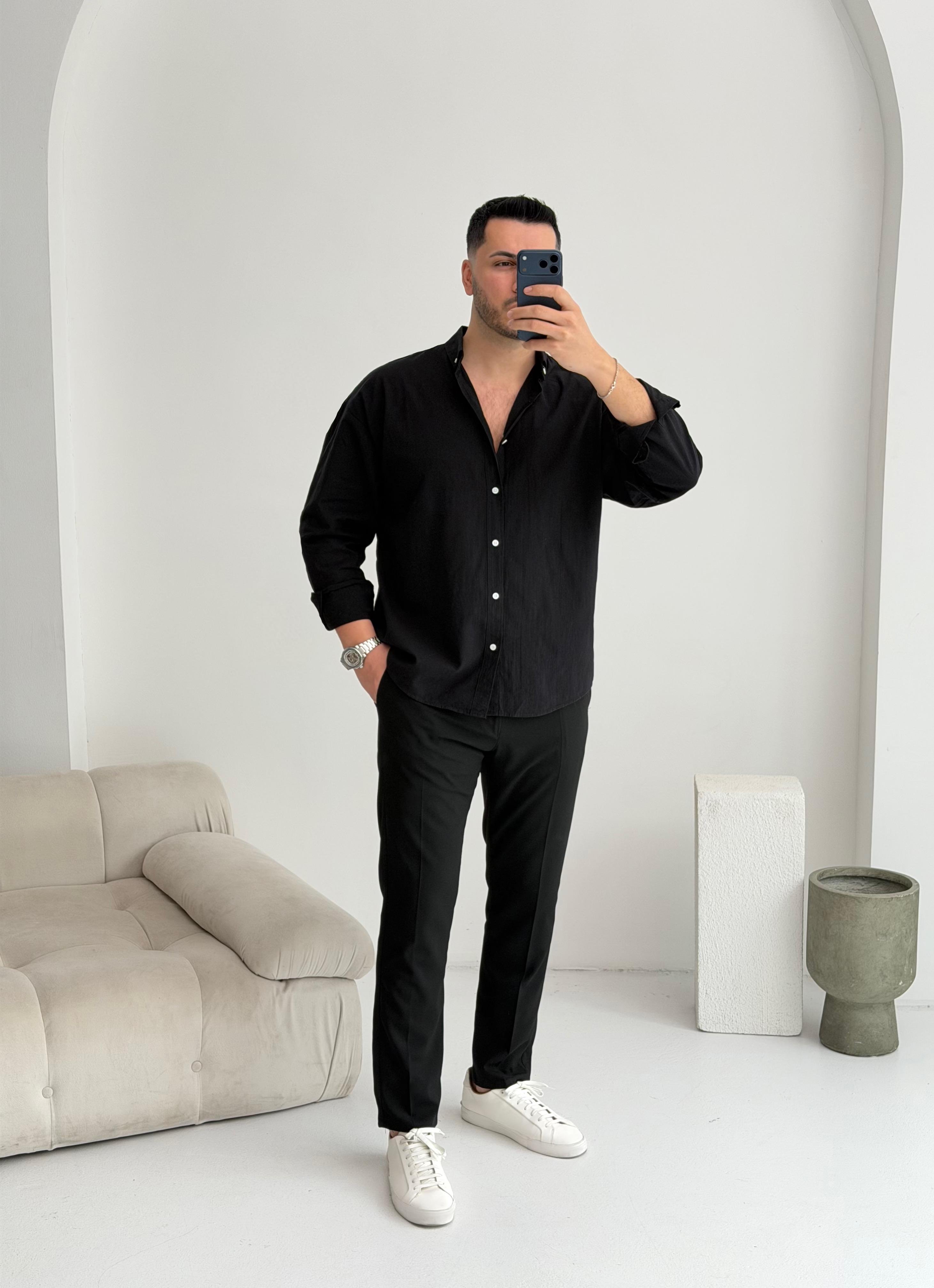 Orjinal Fresh Keten Siyah Oversize Gömlek 