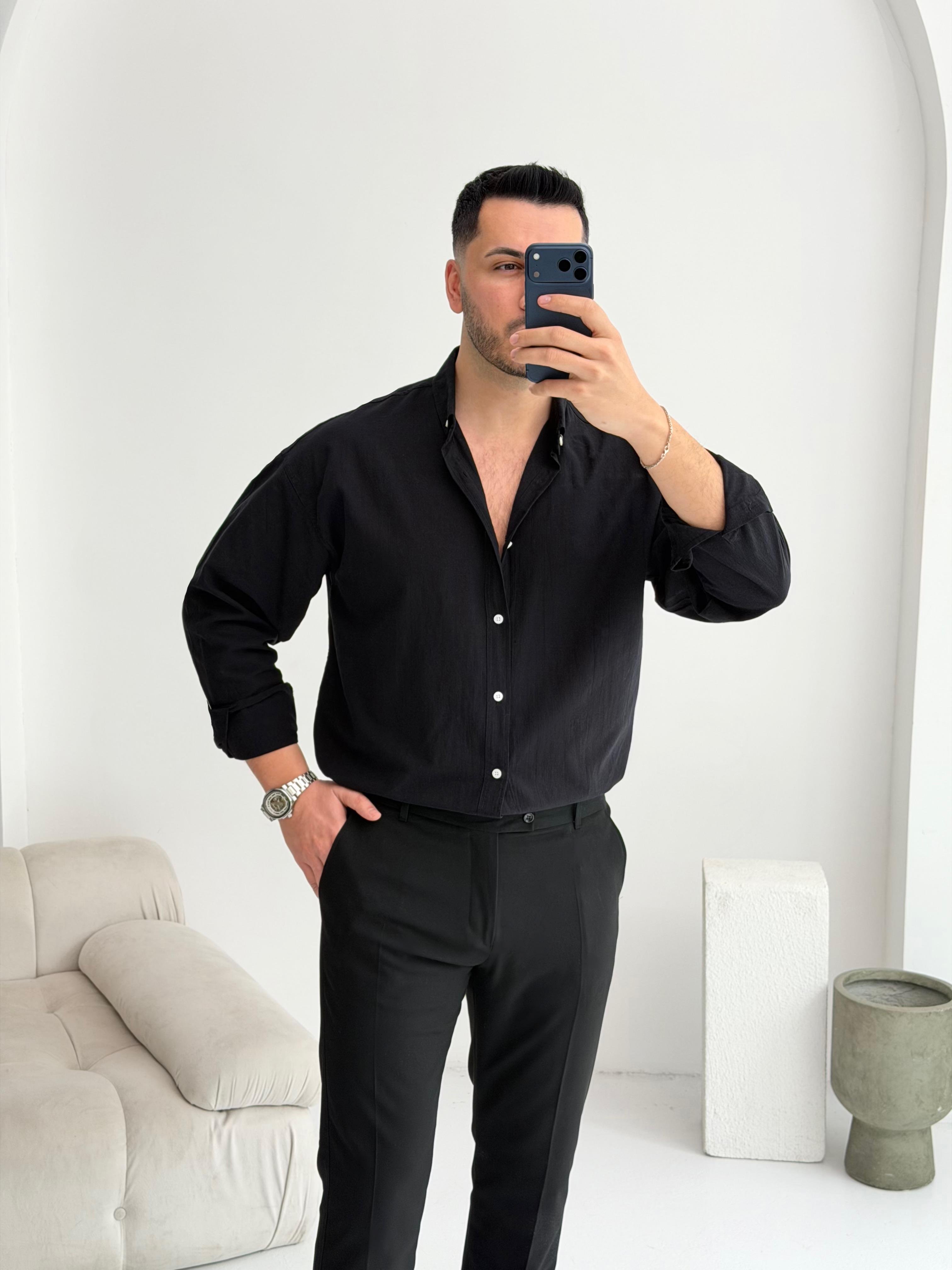 Orjinal Fresh Keten Siyah Oversize Gömlek 