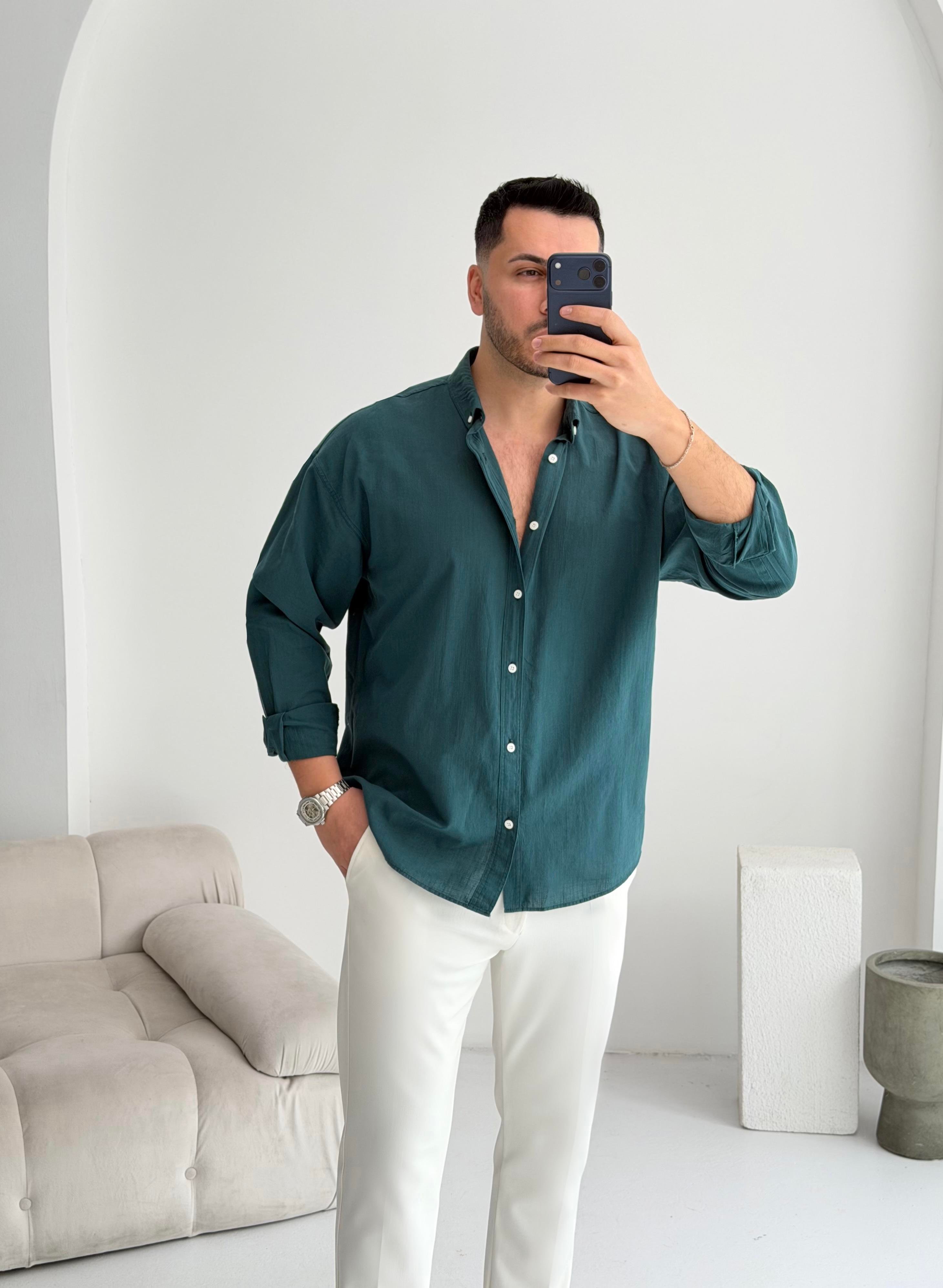 Orjinal Fresh Keten Zümrüt Oversize Gömlek